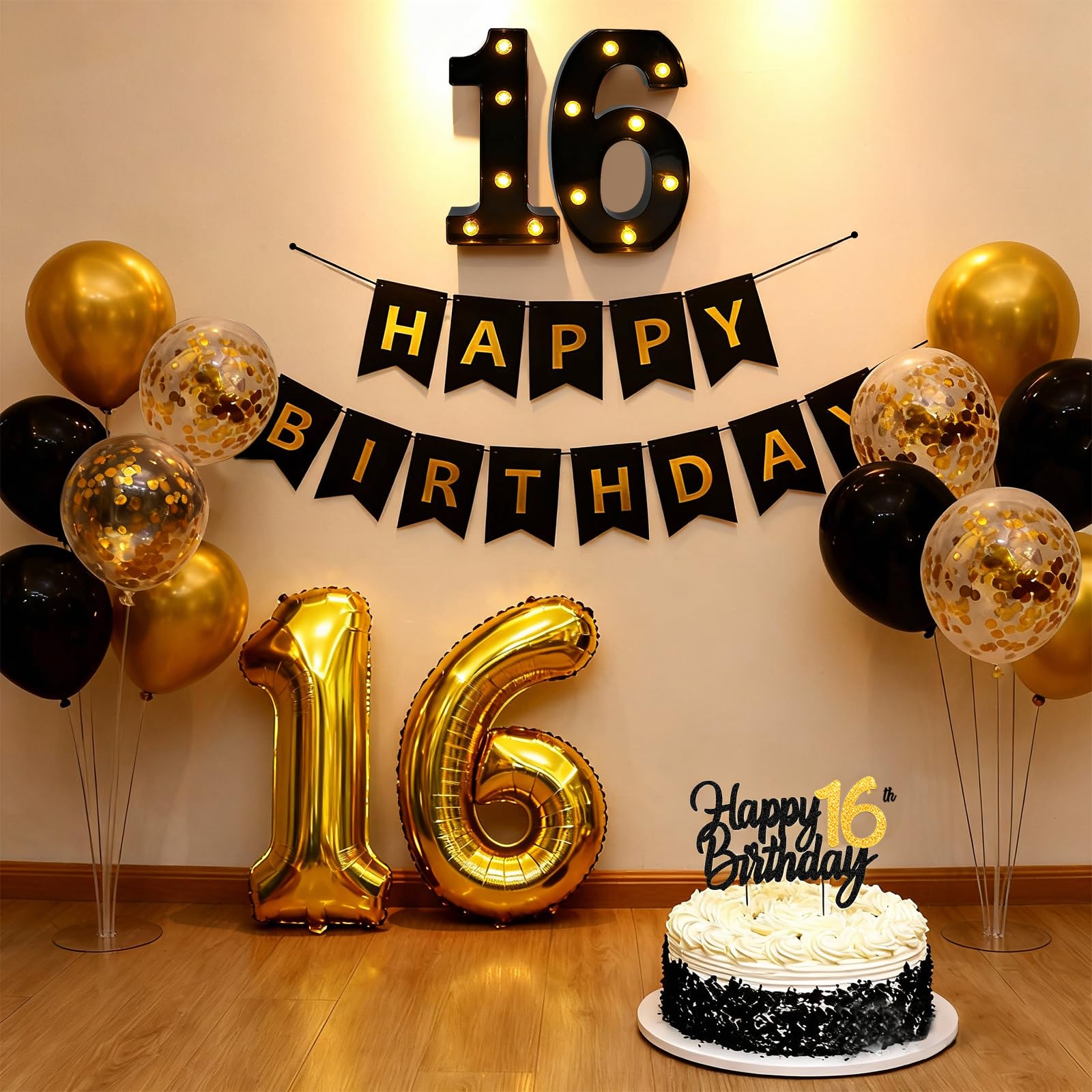 16th Birthday Decorations for Boys, Black Gold Balloons Party Decoration with LED Light Up Marquee Numbers Sign, 32inch Number 16 Balloons, Happy Birthday Banner, Cake Topper for 16th Party Decor β image 1