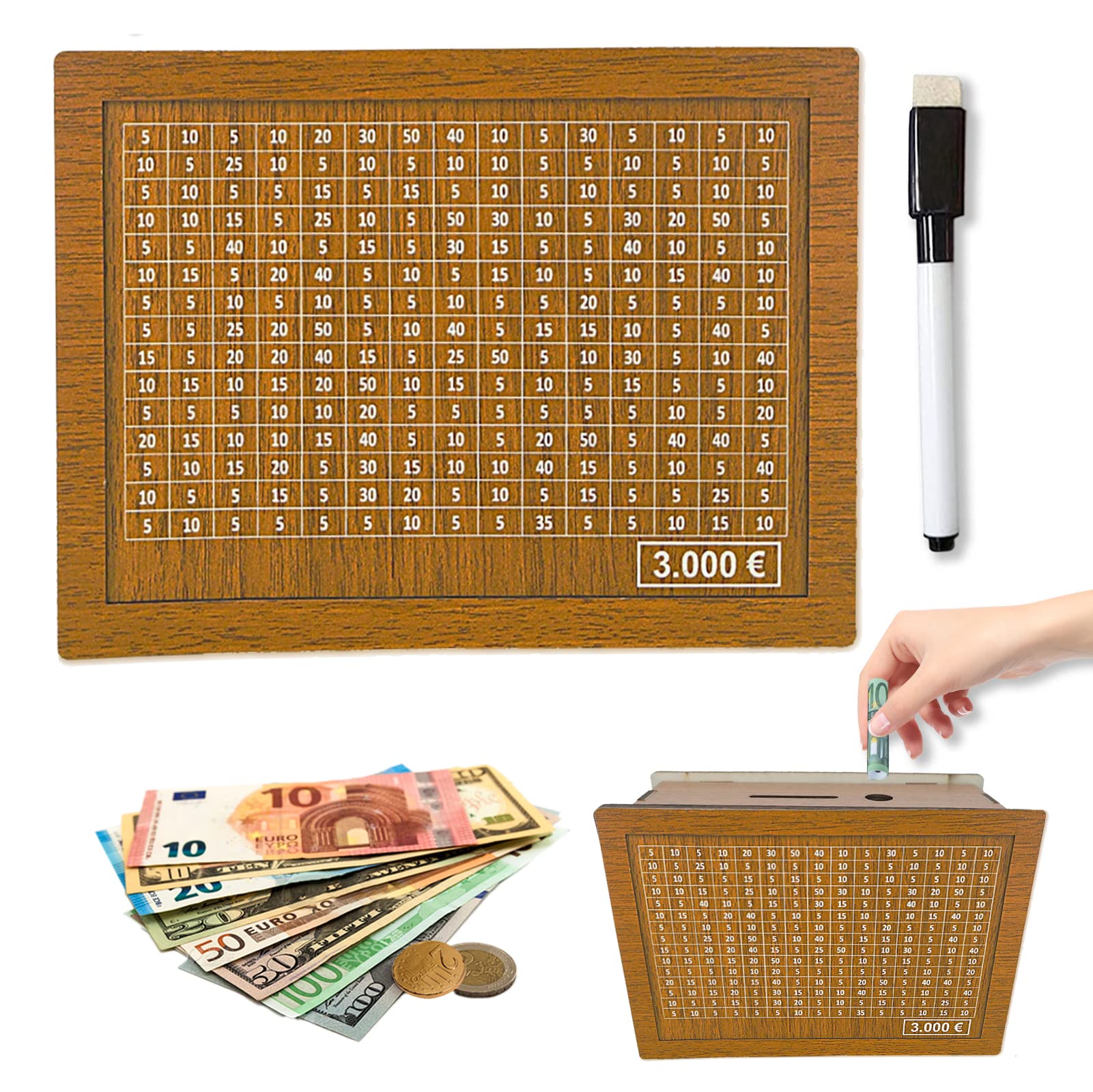 Wooden Money Box, Retro Money Box Storage Box, Piggy Bank with Marker, Money Box, Reusable Money Box with Savings Target and Numbers for Ticking, Helps Children the Habit of Saving