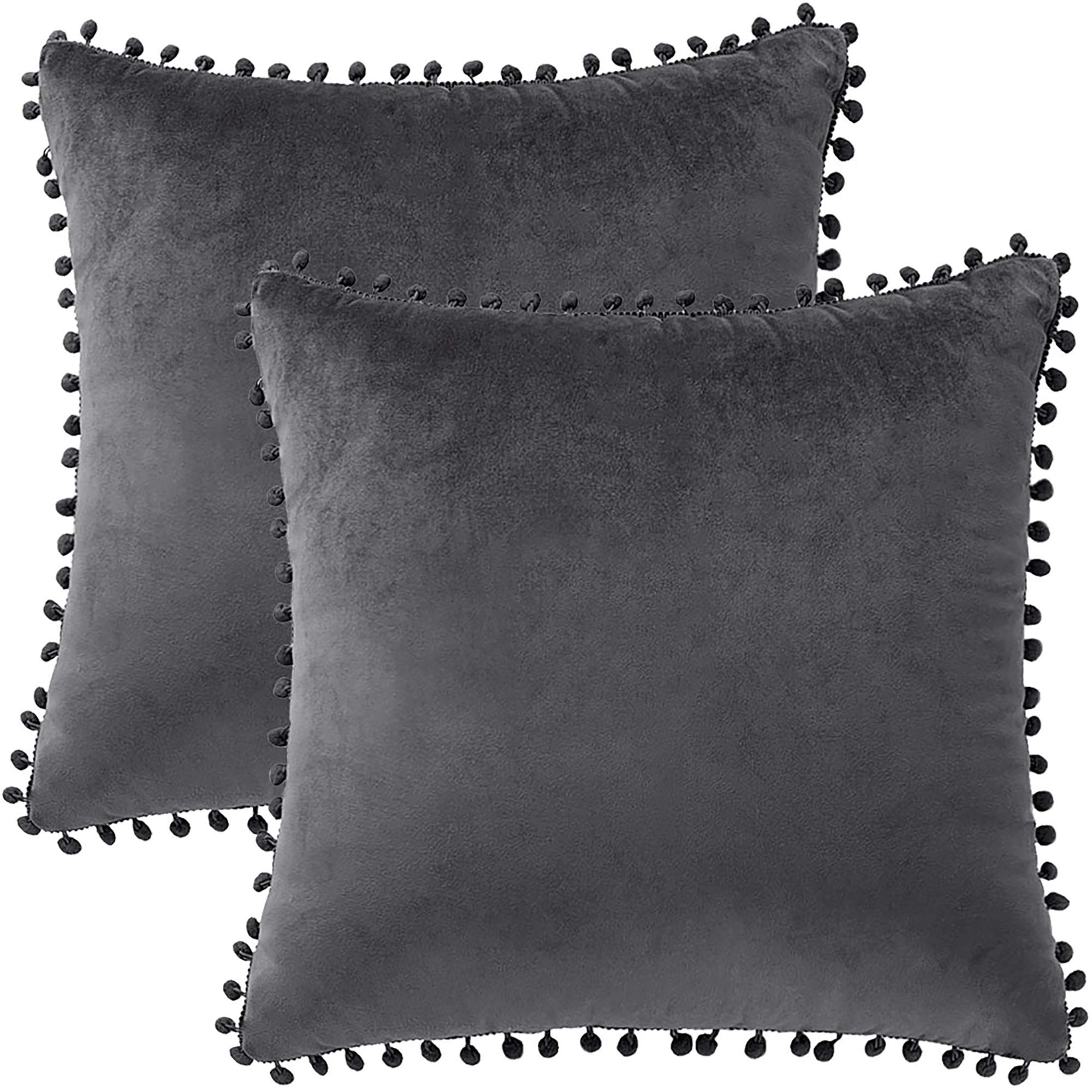 PiccoCasa Velvet Pillow Covers, 2PCS Pom Pom Throw Pillow Cover, Square Solid Soft Cushion Covers for Sofa Couch Bedroom Car Dark Gray 45 x45cm — image 1