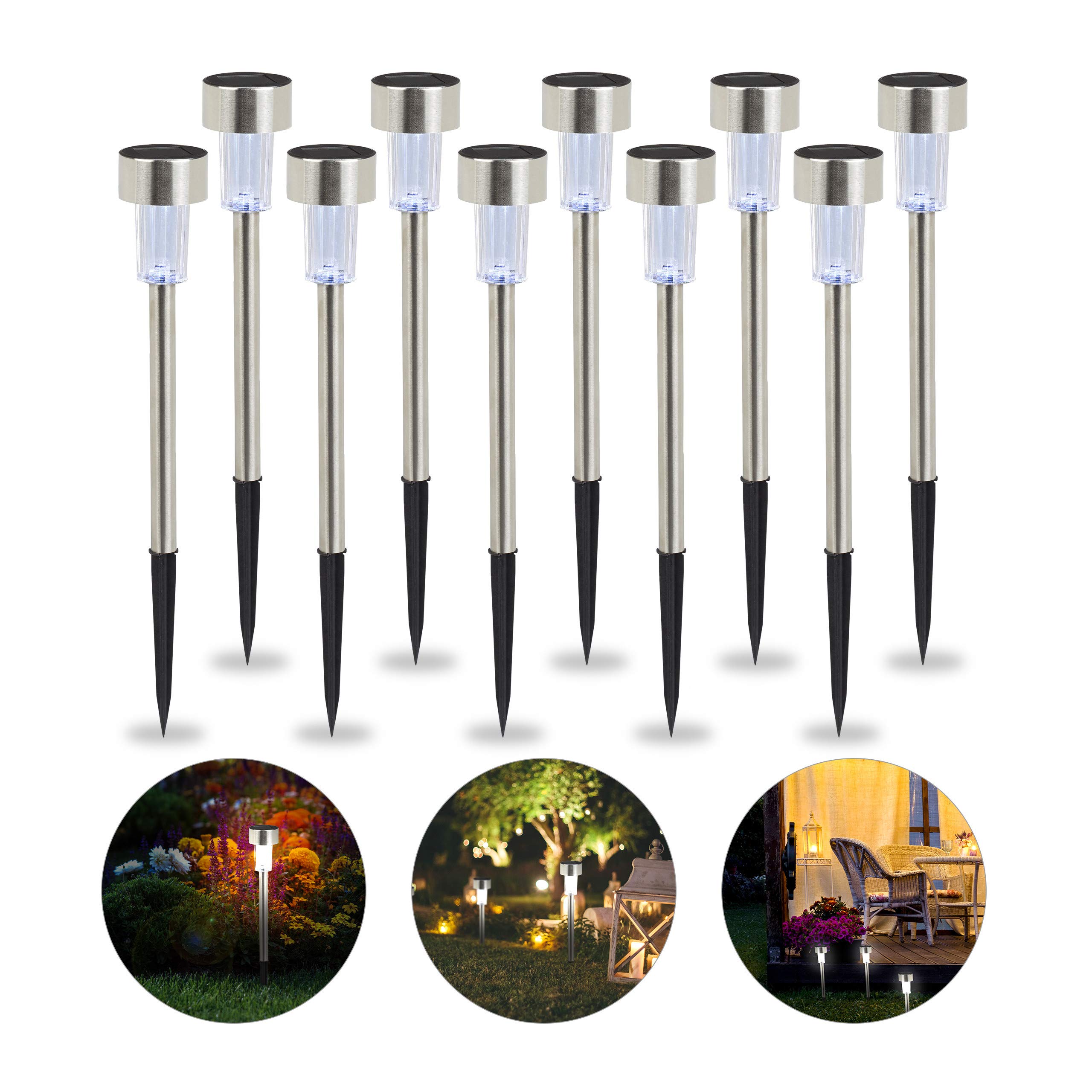 Relaxdays Solar Lights Set of 10, Waterproof LED Pathway Lights, Garden & Balcony, White Light, Stainless Steel, Silver