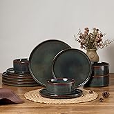 E-far 12-Piece Plates and Bowls Sets, Stoneware Dinnerware Dishes Sets for 4, Kitchen Modern Dining Dishware, Chip & Scratch Resistant, Microwave & Dishwasher Safe, Blackish Green