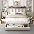 EnHomee Full Size Bed Frame with 3 Storage Drawers, Upholstered Full Size Bed Frame with Headboard,Strong Support with Wooden Slats，No Box Spring Needed, No-Noise, Easy Assembly，Beige