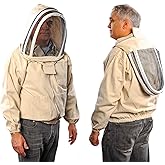Bee Jacket with Veil - Natural Canvas Bee Suit Jacket with Elastic Waist & Cuffs, YKK Brass Zippers, 3 Utility Pockets. Removable Hood Interchangeable with Forest Beekeeping Suit.(Large)