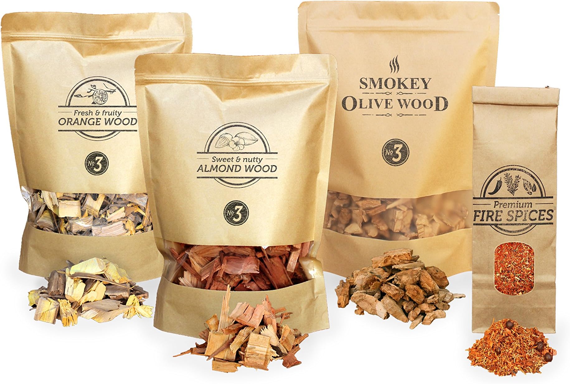 Smokey Olive Wood 4x Smoking Pack: 1700ml olive wood chips, 1700ml orange wood chips, 1700ml almond wood chips, 300ml fire spices. Grain size 2-3 cm