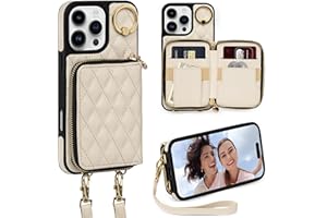 Keallce for iPhone 16 Pro Max 6.9'' Wallet Case, Crossbody Zipper Purse with Wristlet for Women, RFID Blocking Card Holders, 360° Ring Kickstand Flip Leather Case for iPhone 16 Pro Max, Beige