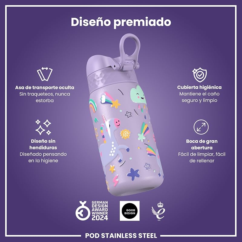 Garrafa de água leve em aço inoxidável para crianças, 400ml, não isolada, à prova de fugas, fácil de abrir, tranca segura, segura na máquina de lavar loiça, tampa de rebatente, fácil de limpar, unicórnios, roxo