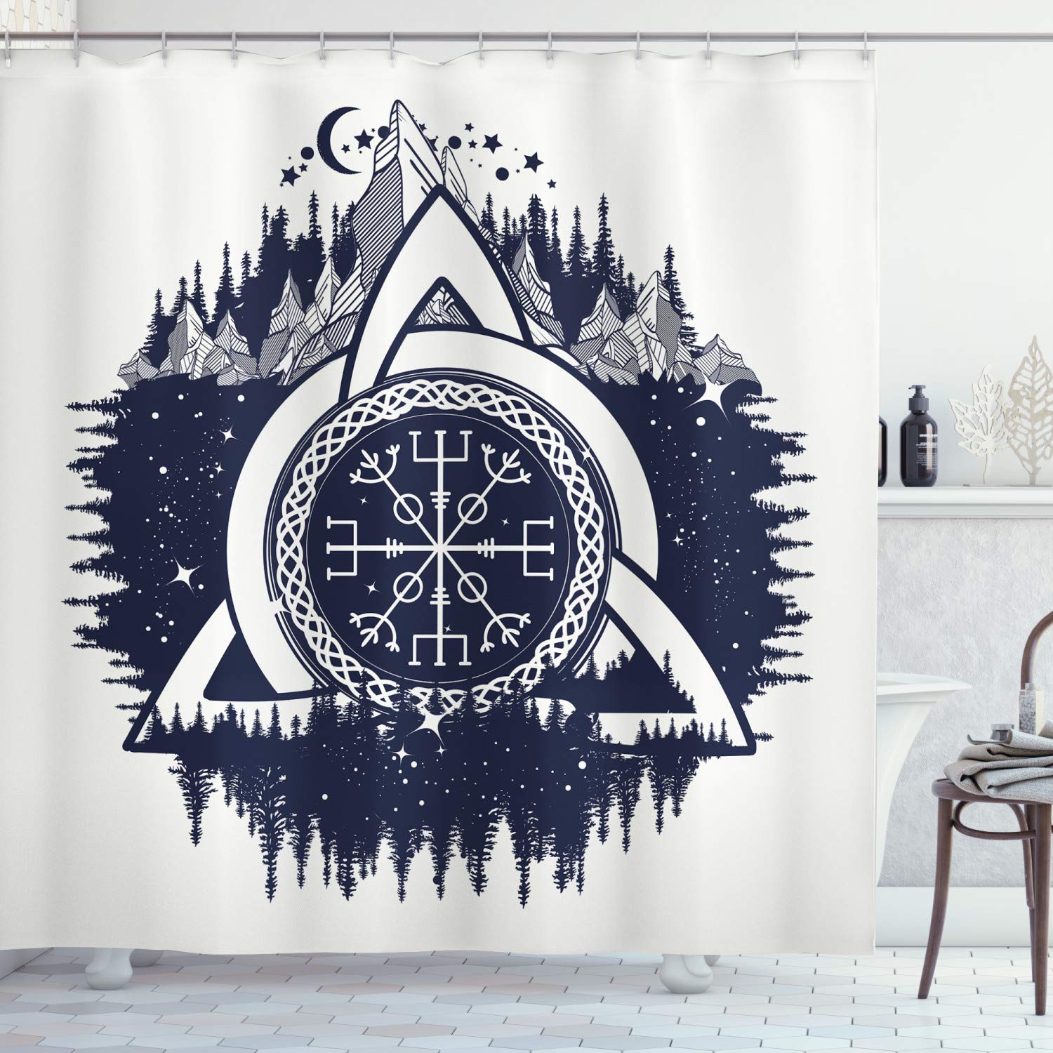 ABAKUHAUS Blue and White Shower Curtain, Celtic Knot with Tridents Forest and Mountains Scandinavian Culture, Cloth Fabric Bathroom Decor Set with Hooks, 70 Inches, Dark Blue White