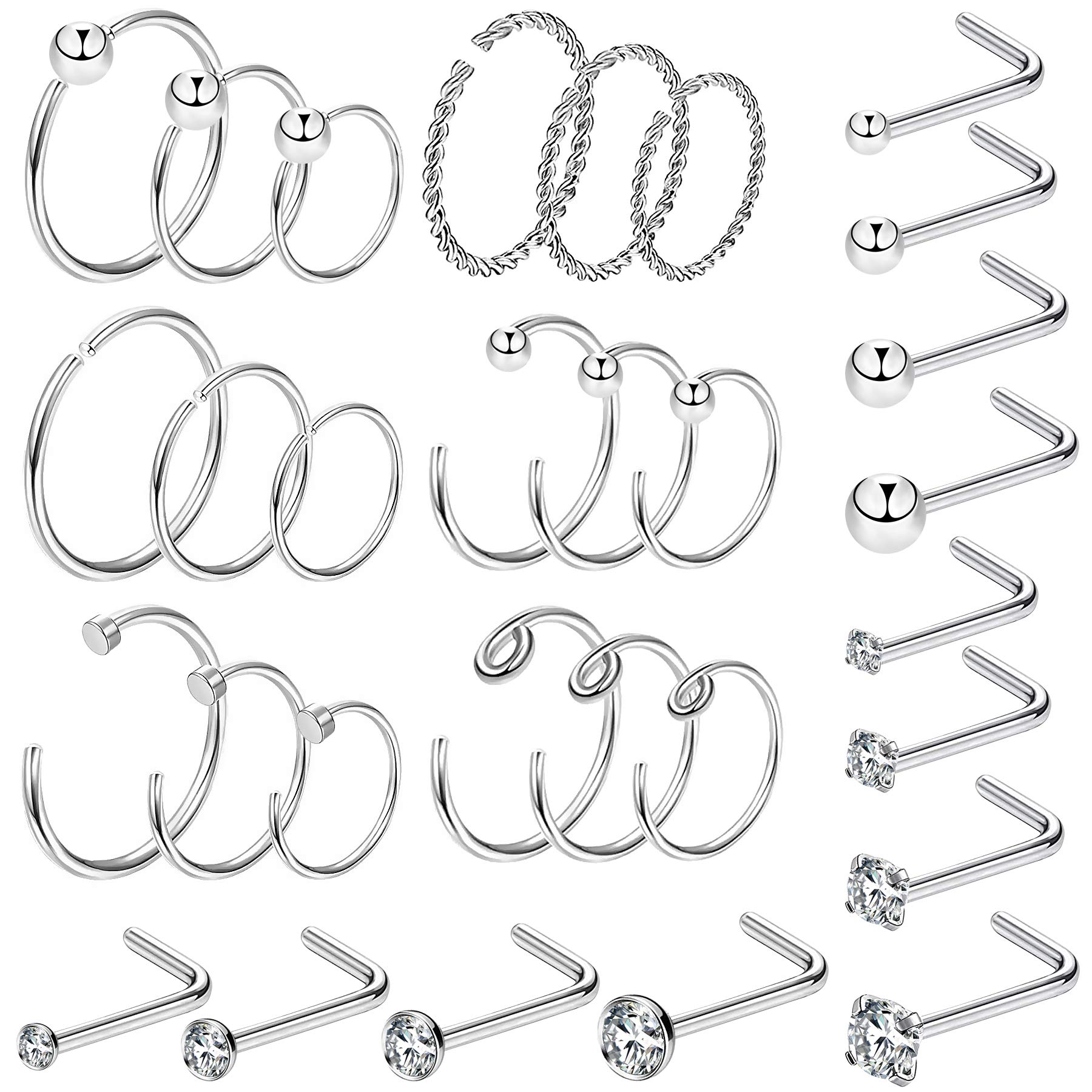 OUFER Body Piercing 30PCS 20G Nose Piercings 316L Stainless Steel L-Shaped Nose Stud C-Shape Nose Ring Hoop Lip Piercing Jewellery Set for Women Men