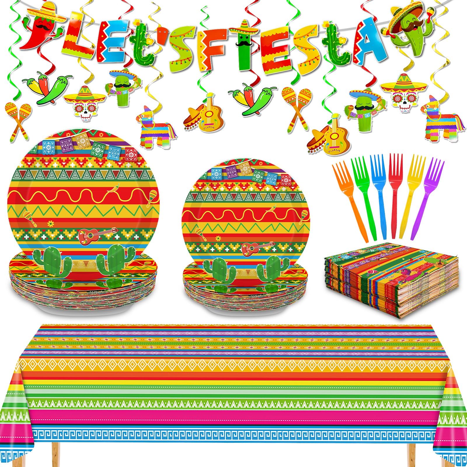 Photo 1 of 110 Pcs Mexican Party Dcecorations Fiestas Tableware Set Serves 24, Include Paper Plates, Napkins, Forks, Hanging Swirls, Tablecloth, Banner Fiestas Party Supplies for Taco Birthday Carnivals Festival