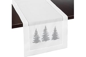 Brio Trends Silver Pine Tree Embroidered White Christmas Table Runner - Ideal for Christmas Decor, Holiday Decor, Winter Decor and Rustic Farmhouse Decorations (14 x 72 Inches Long)