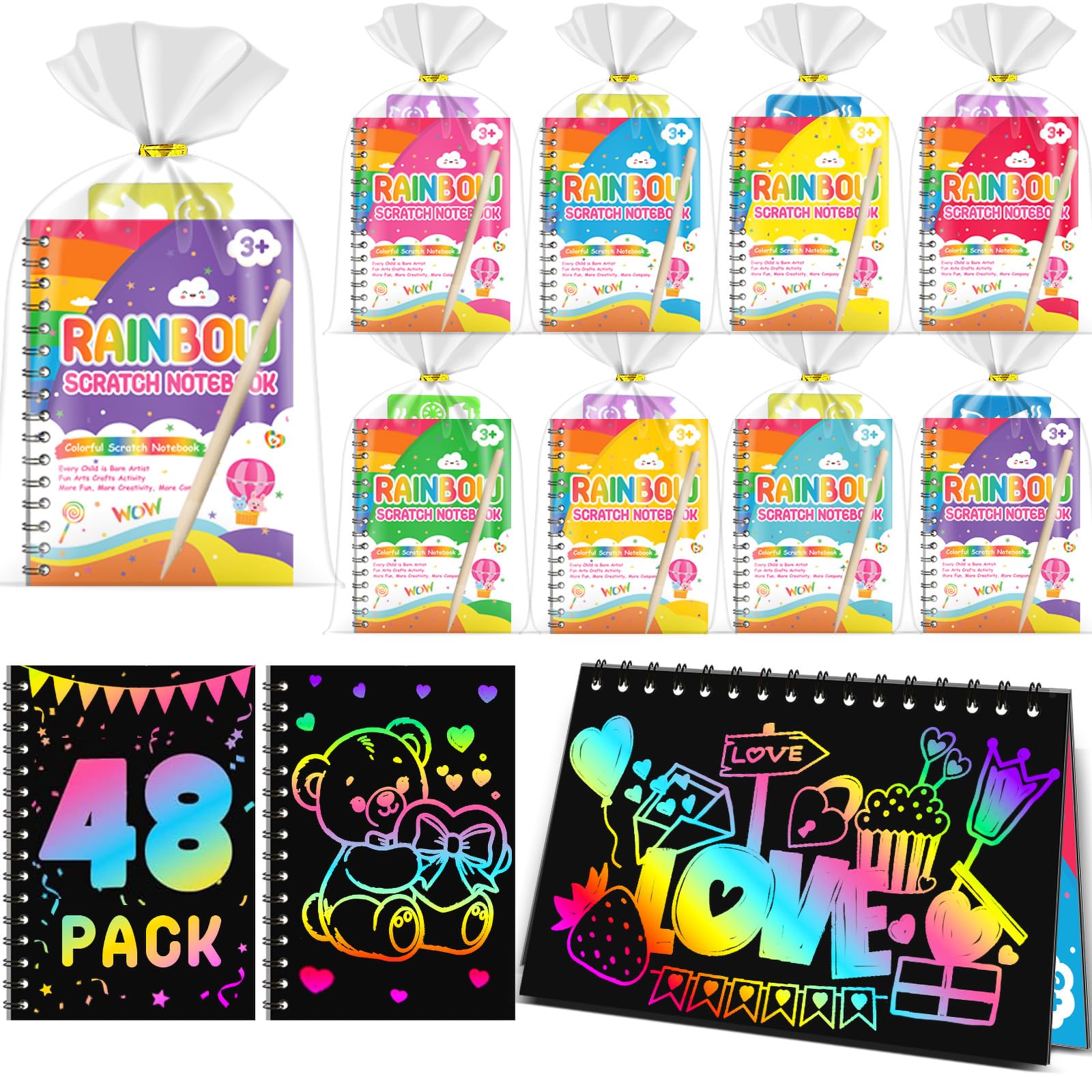 LIKYMO Party Bag Fillers for Kids - Scratch Art Party Bag Fillers, Arts and Crafts Rainbow Scratch Notebooks Gifts age 4-9 Birthday Classroom Gifts for Boys Girls (48-pack) — image 1