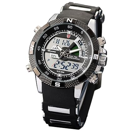 HELMASK COLLECTION Helmask Watch - Rubber Black Round Mens Analog Date Day 24Hour 2 Time Zone Dual Wrist