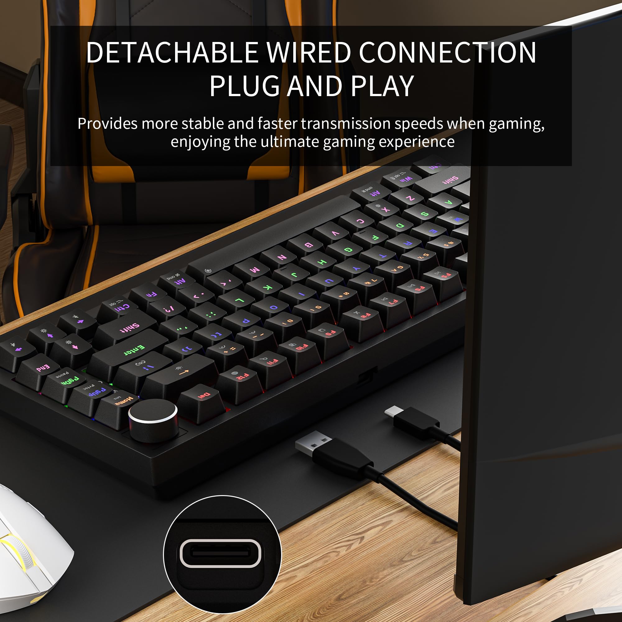 Newmen Gm326 Mechanical Keyboard,Wired Gaming Keyboard,75% Percent Tkl Hot Swappable Compact Led Backlit Usb C Mechanical Gaming Keyboards With Knob For Pc Windows Mac,Qwerty Layout,Black,Red Switches - View 6