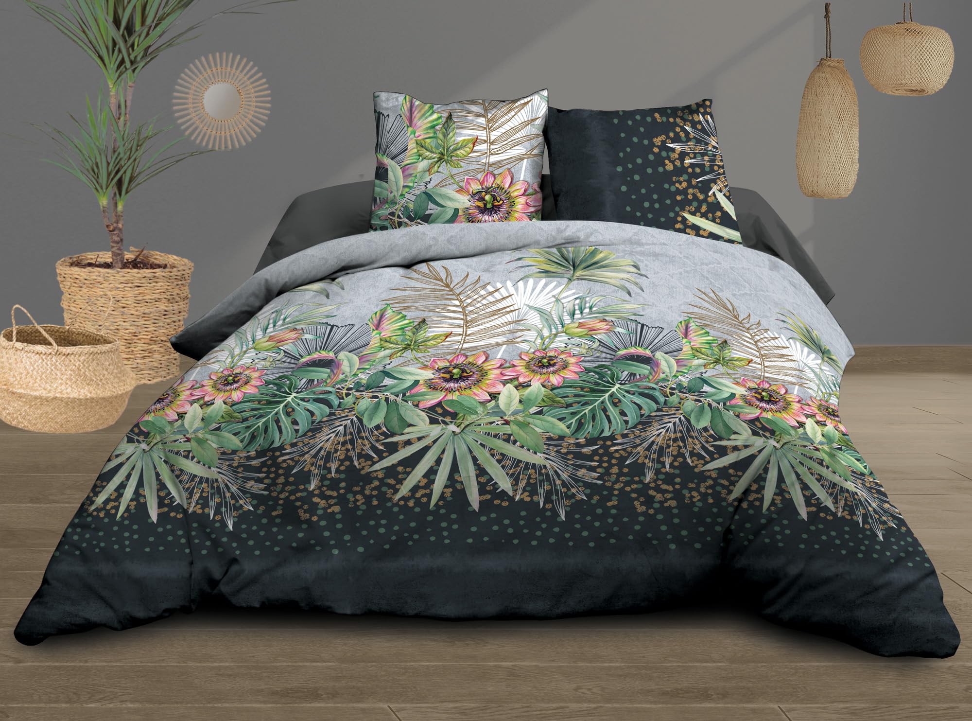 Le linge de Jules Flora Duvet Cover 220 x 240 cm + 2 Pillowcases – Pure Cotton 57 Thread Count