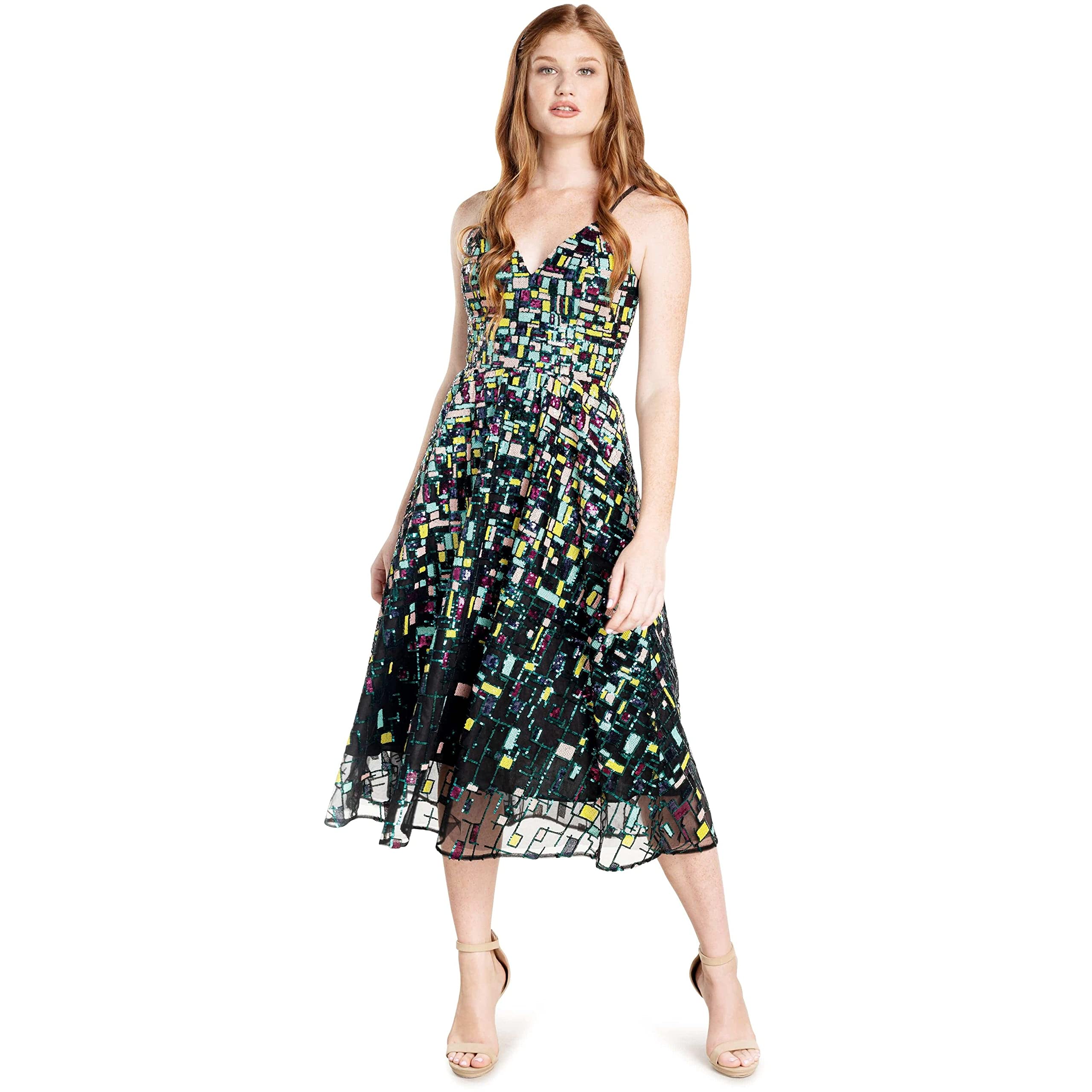 Photo 1 of Dress the Population Women's Maren Sequin, Midi, Fit and Flare, V-Neck Dress, Seafoam Multi, XX-Large