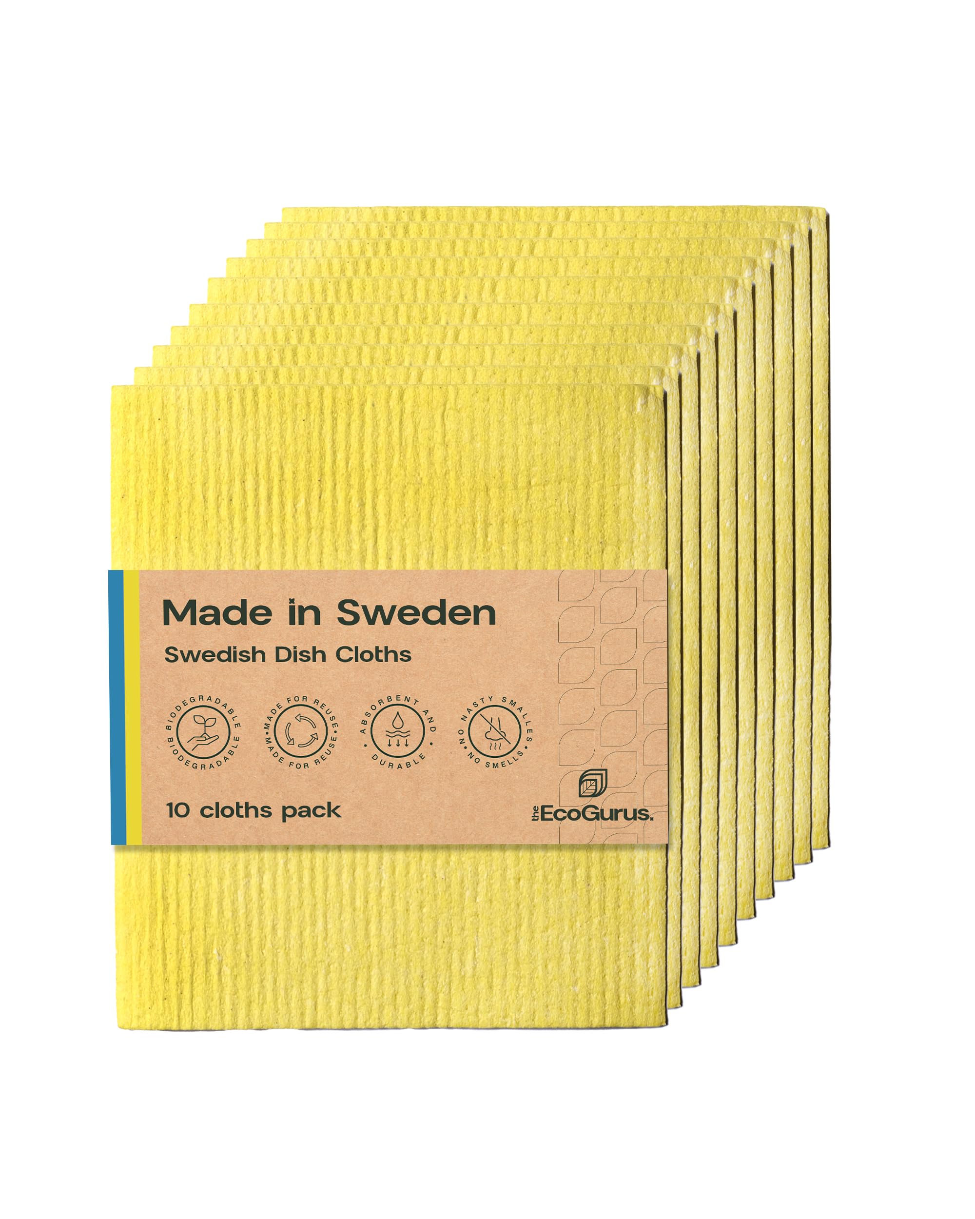 The EcoGurus 10 Pack Odour-Resistant Reusable Cleaning Cloths | Original Swedish Dishcloth | Made in Sweden | Suitable for All Surfaces | Biodegradable Cellulose Sponge | Kitchen & Bathroom | Yellow