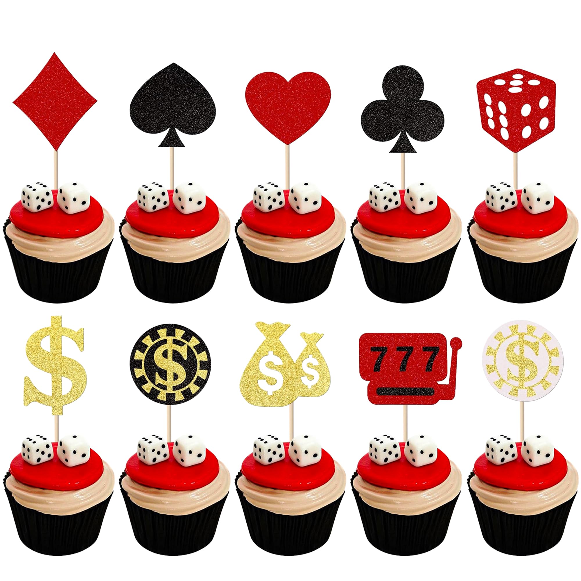 SYKYCTCY 30 Pack Casino Cupcake toppers Glitter Poker Heart Cupcake Picks Gambling Cupcake toppers Las Vegas Casino Night Theme Birthday Party Cake Decorations Supplies