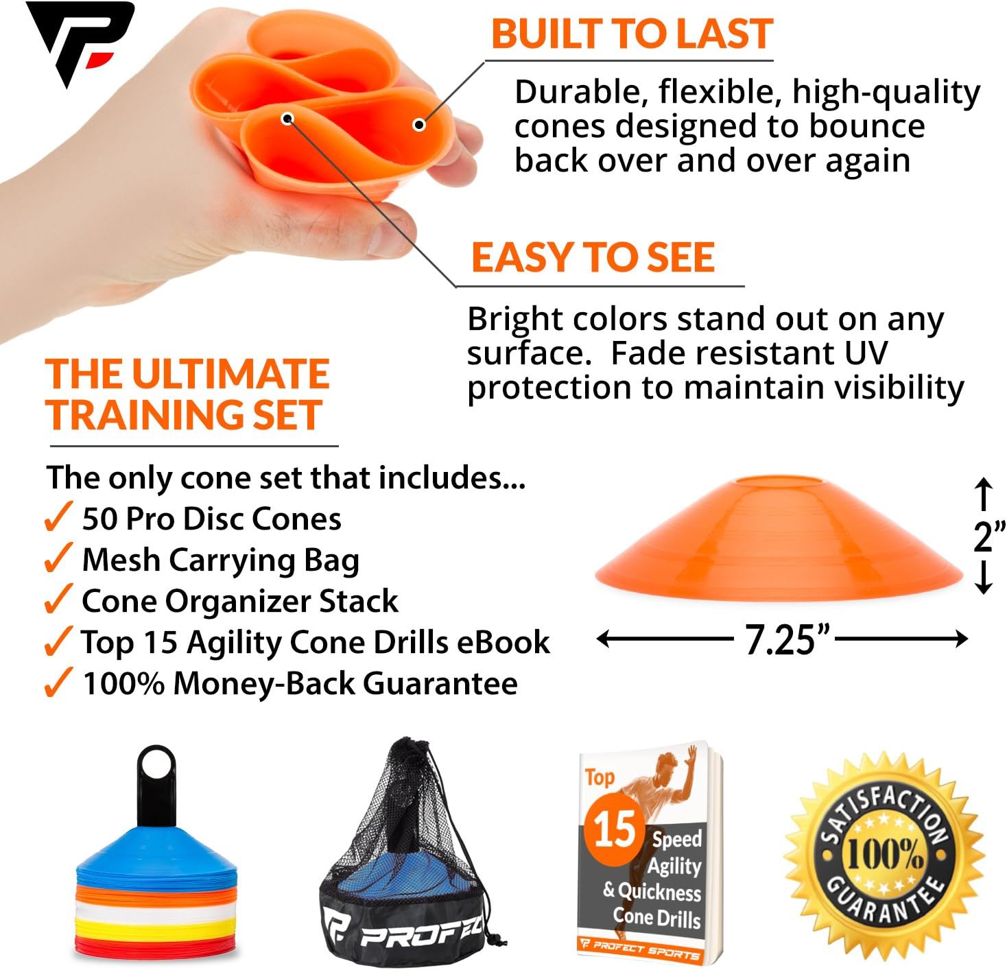 Pro Disc Cones (Set of 50) - Agility Soccer Cones with Carry Bag and Holder for Training, Football, Kids, Sports, Field Cone Markers - Includes Top 15 Drills eBook (Multi-Color) : Sports & Outdoors