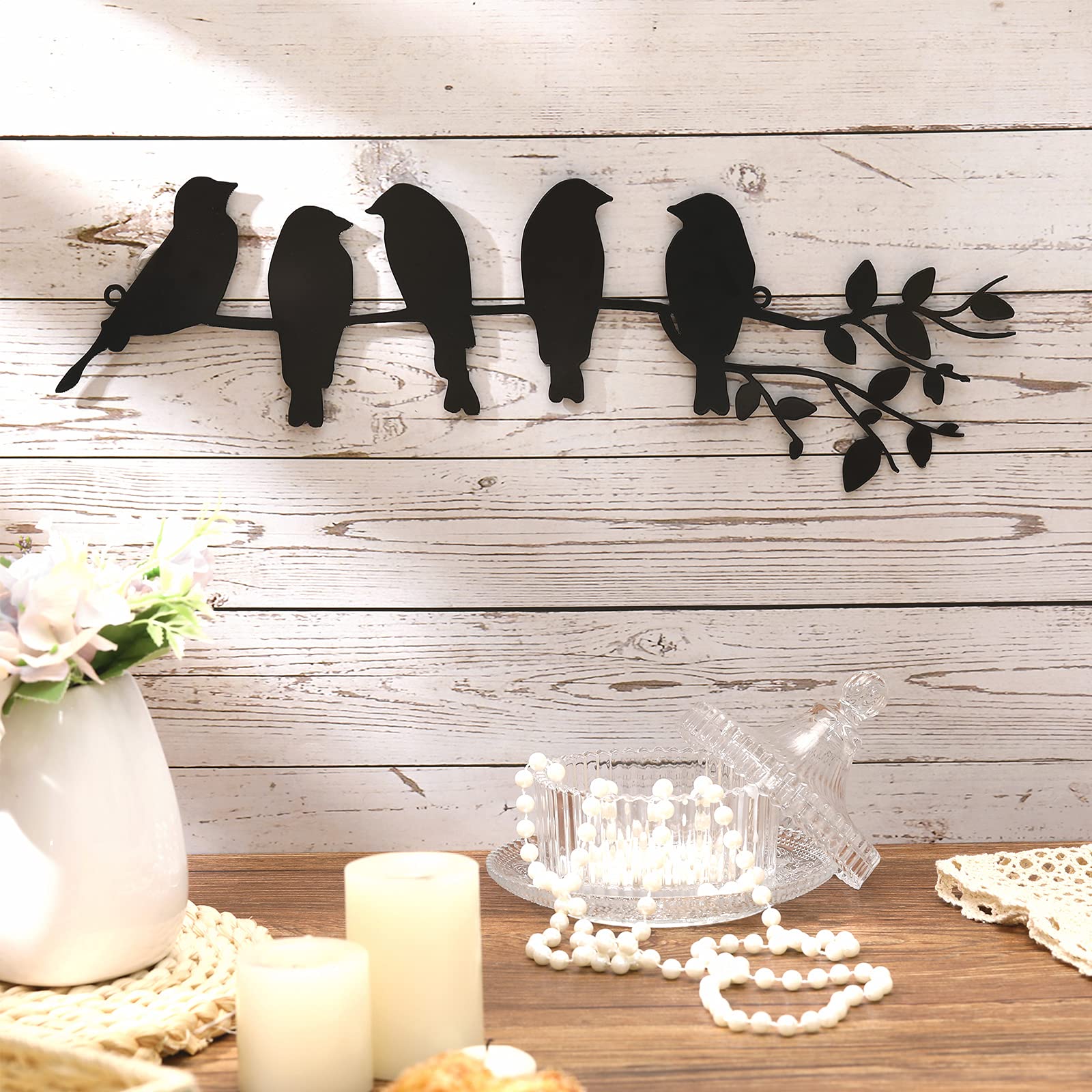 Photo 1 of Ferraycle Metal Bird Wall Art - Birds on Branch with Leaves - Metal Sculpture Wall Hanging Sign for Balcony, Garden, Home Decor(Black)