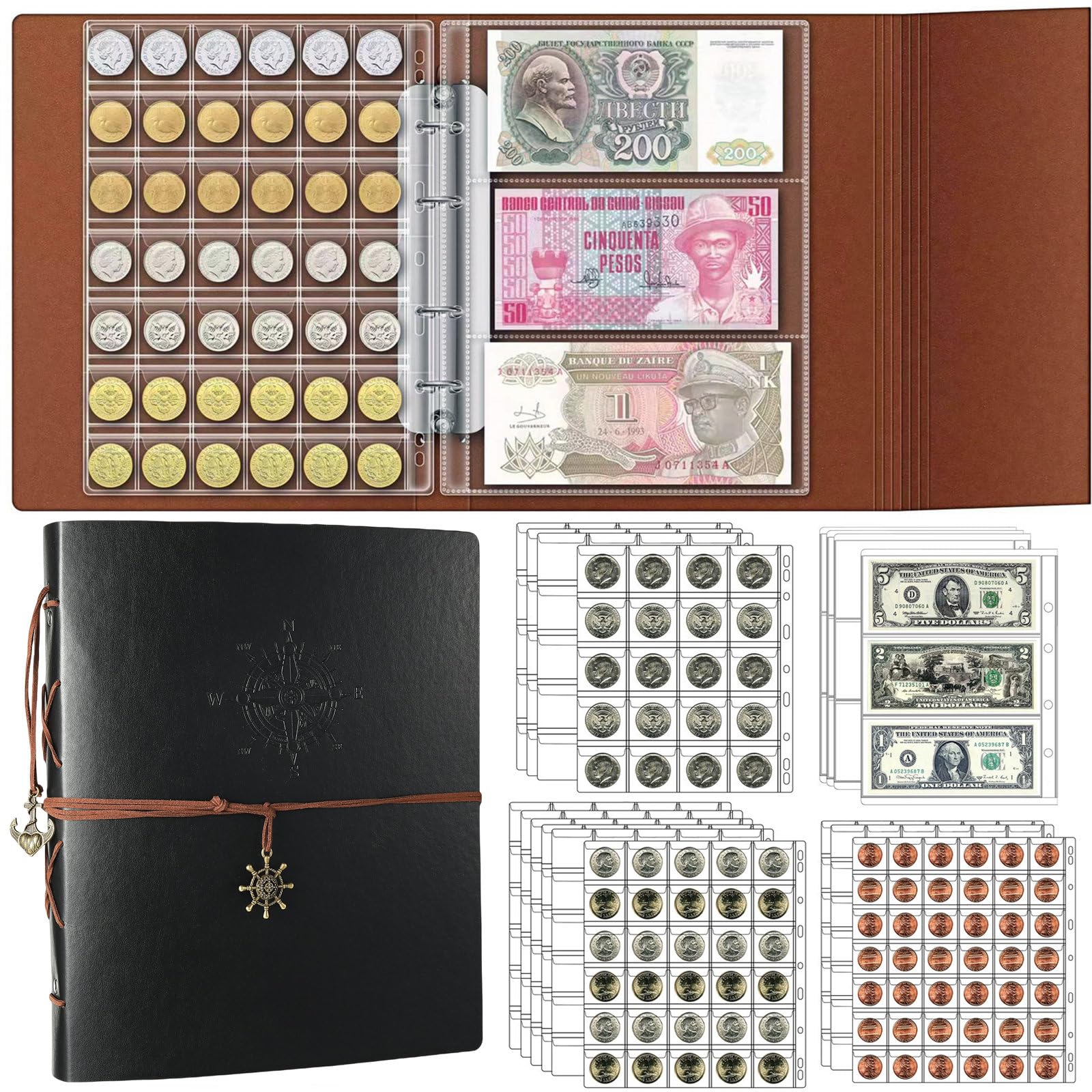 Ettonsun 398-Pocket Coin Collection Book, Coin Collection Supplies, Coin Collecting Books, 12pcs Bill & 386pcs Coin Collection Holder Storage Album for all Coins, Quarter,Nickel,Dollar, Currency,Stamp