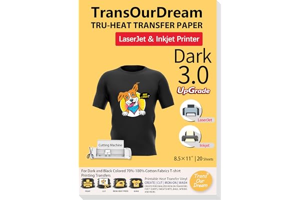 TransOurDream Tru-Iron on Heat Transfer Paper for Dark Fabric (20 Sheets, 8.5x11", Dark 3.0) T Shirt Transfers Paper for Inkj
