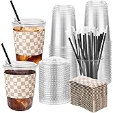 Ovveroche 50 Sets 16 Oz Clear Plastic Coffee Cups with Lids Straws and Sleeves Disposable Iced Drinking Cups for Iced Coffee Cold Beverage Drink Shops Party Catering Travel Brown Checkerboard