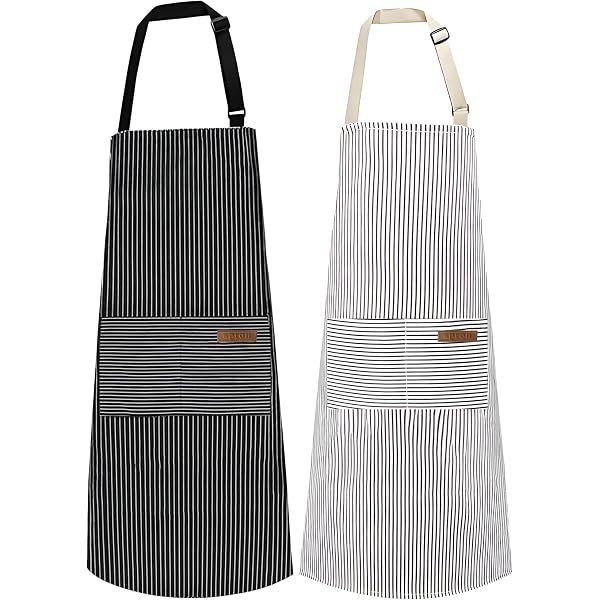 2 Tabliers De Cuisine Grande Taille 90x95cm - 3 Poches - Noir Et Blanc - Polyester Renforcé