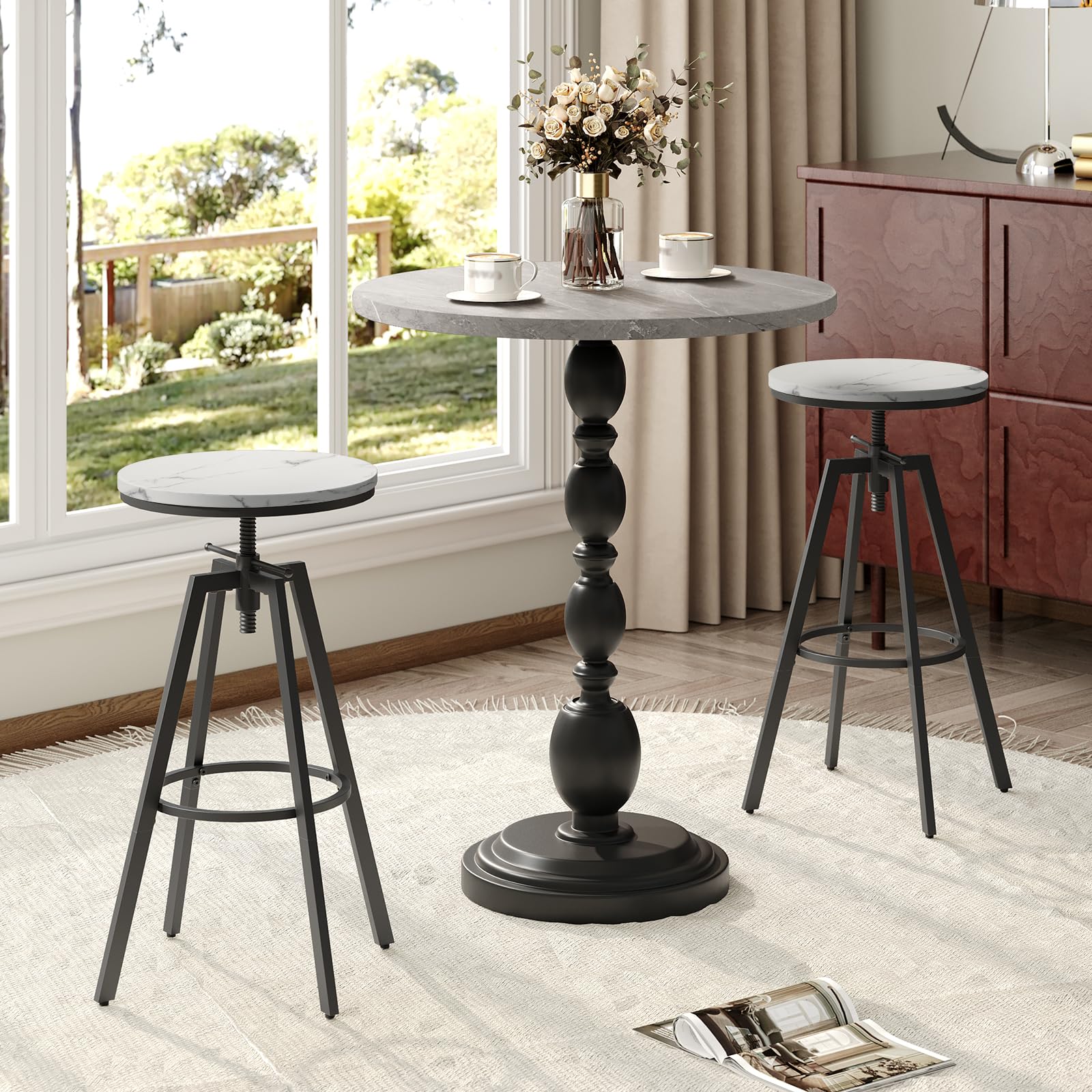 Photo 1 of MAHANCRIS Bar Stools, Round Bar Chairs with Sturdy Metal Frame, Set of 2 Industrial Bar Stools, Height Adjustable, Kitchen Breakfast Stools, for Bar, Dining Room, Marble and Black BAHM0701