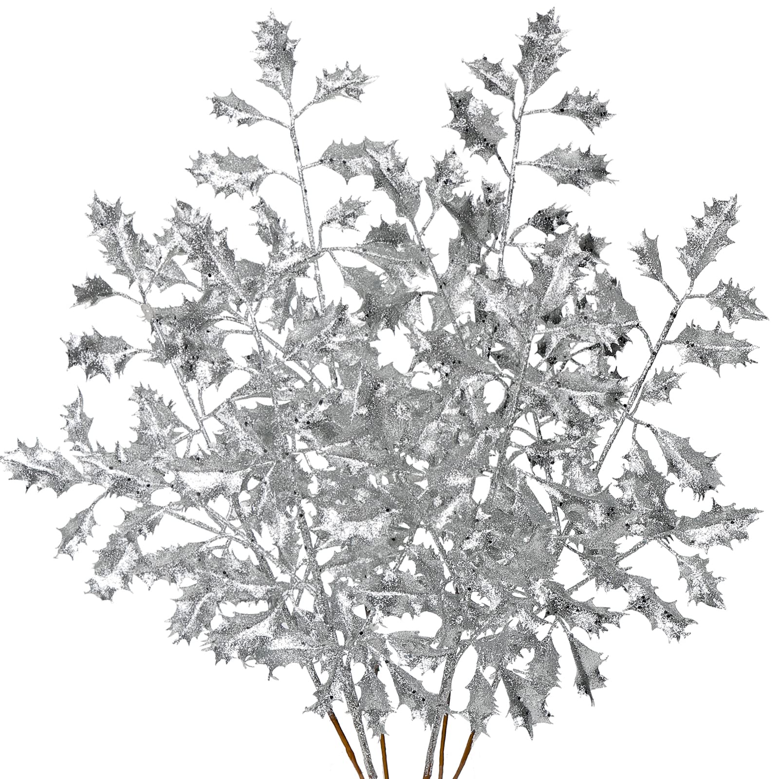 Briful 6pcs Sliver Leaf Artificial Holly Leaves 23" Christmas Glitter Leaves Stem for Xmas Tree Decorations Fake Leaf Artificial Stem for Flower Arrangment Home Decor — image 1