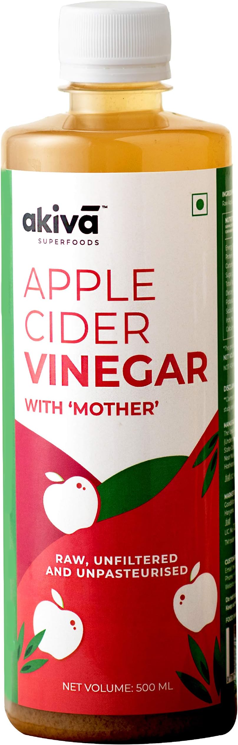 Apple Cider Vinegar with Mother by Akiva Superfoods, 500 ml, Raw, Unfiltered, Unpasteurized