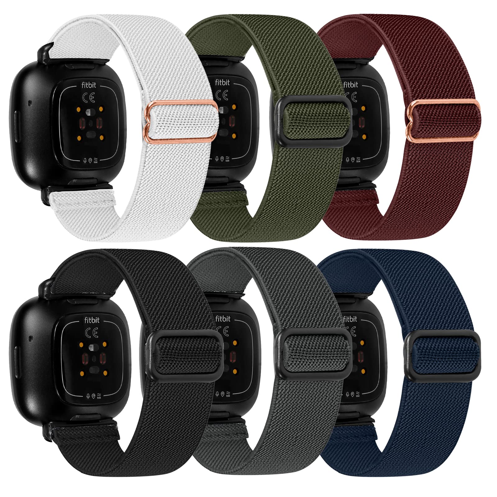 HUYIIO 6-Packs Elastic Nylon Straps Compatible with Firbit Versa 3 / Fitbit Sense Wristband, Adjustable Nylon Replacement Bands Wristband for Women and Men — image 1