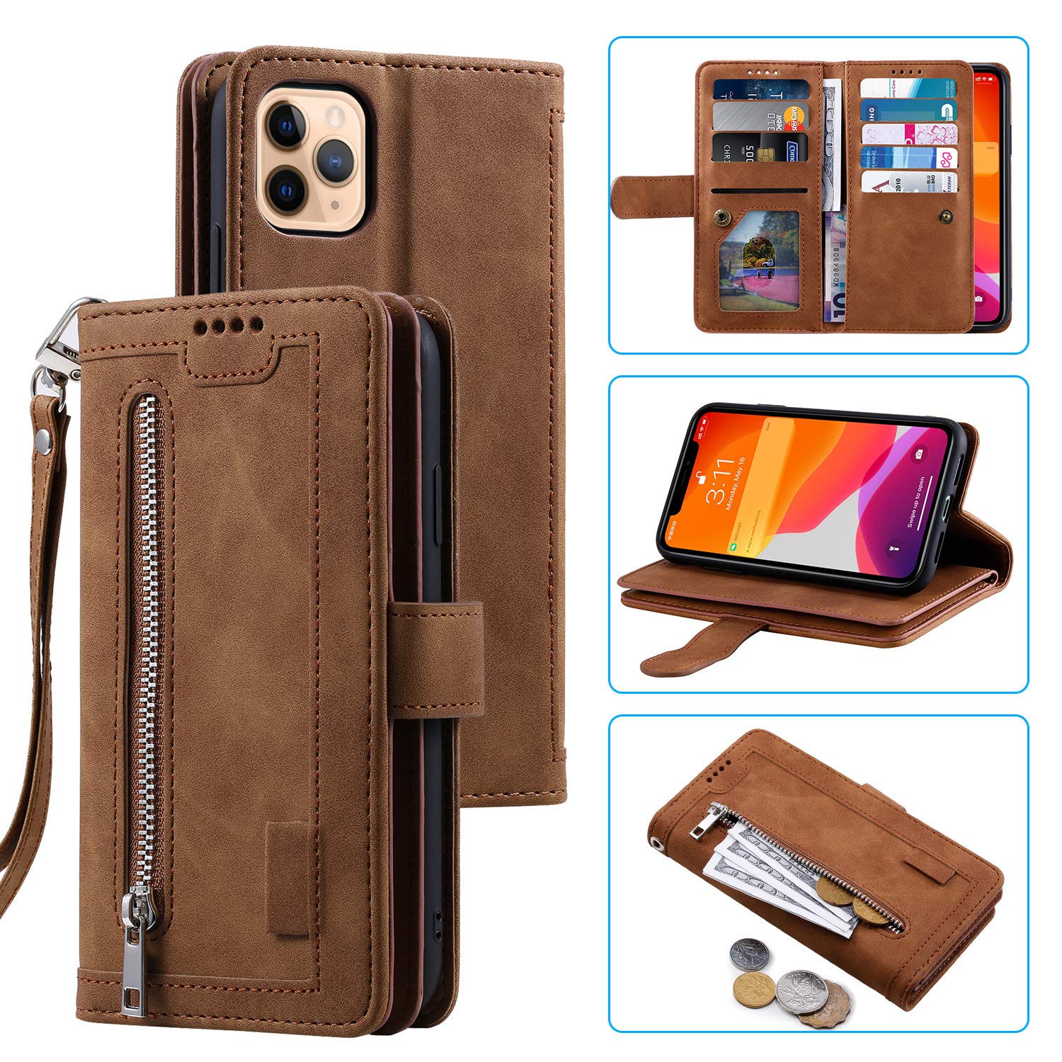 UEEBAI Wallet Case for iPhone 13 Pro 6.1 inch, Retro 9 Card Holder Slots Zipper Pocket Handbag Case PU Leather Magnetic Closure Kickstand with Wrist Strap TPU Shockproof folio Case - Brown