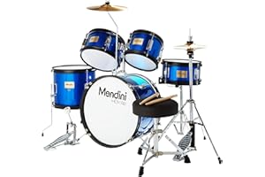 Mendini by Cecilio Kids Drum Set, 5 Piece 16 Inch Junior Drums Kit with Bass, Toms, Snare Drum, Cymbal, Hi-Hat, Drumsticks & Seat for Beginner Student (Metallic Blue)
