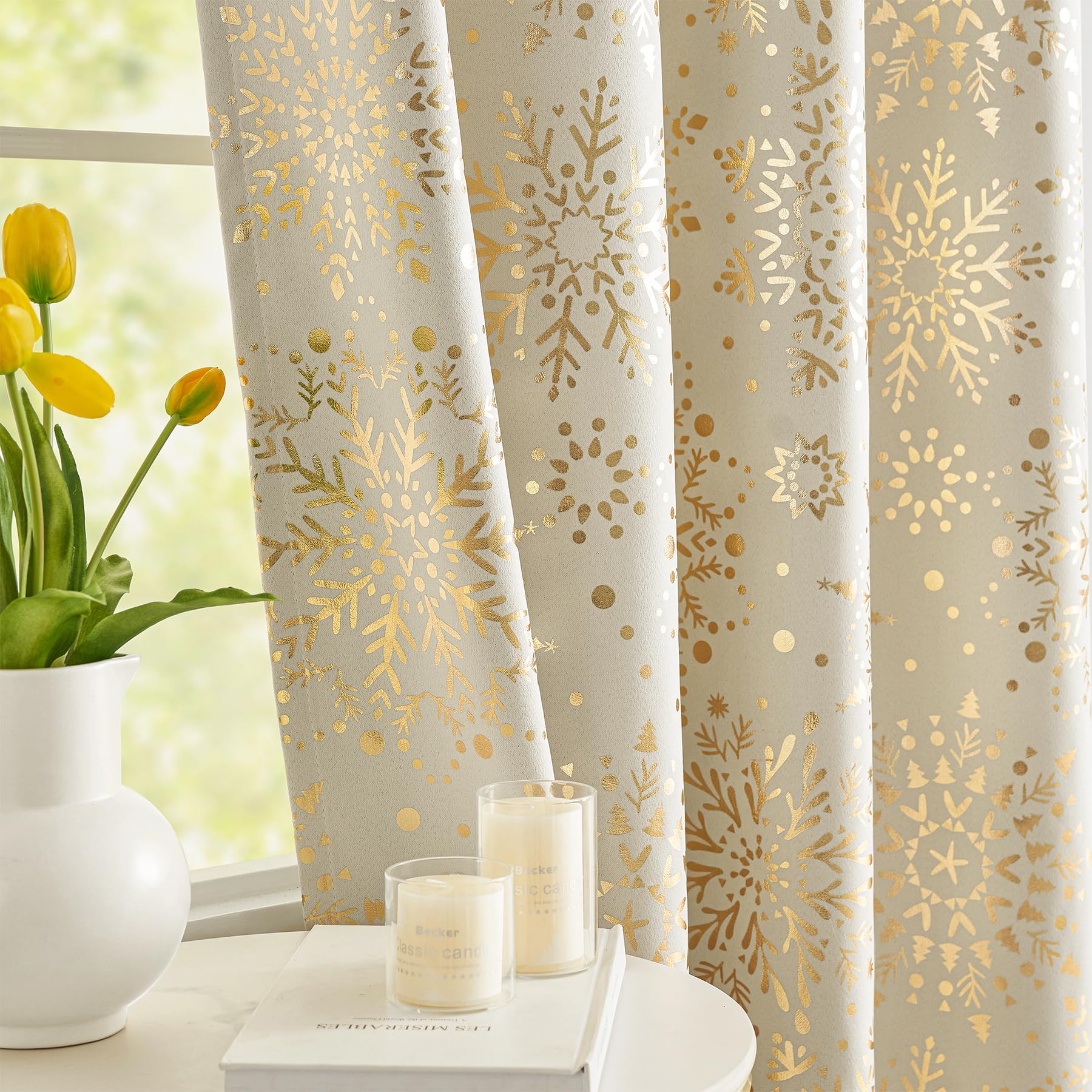 Beige Gold Blackout Curtains Snowflake Print Curtain Panels for Living Room 54inch Medallion Floral Energy Saving Keep Warm Window Curtains for Winter Bedroom Xmas Thermal Drapes for Holiday 2pcs