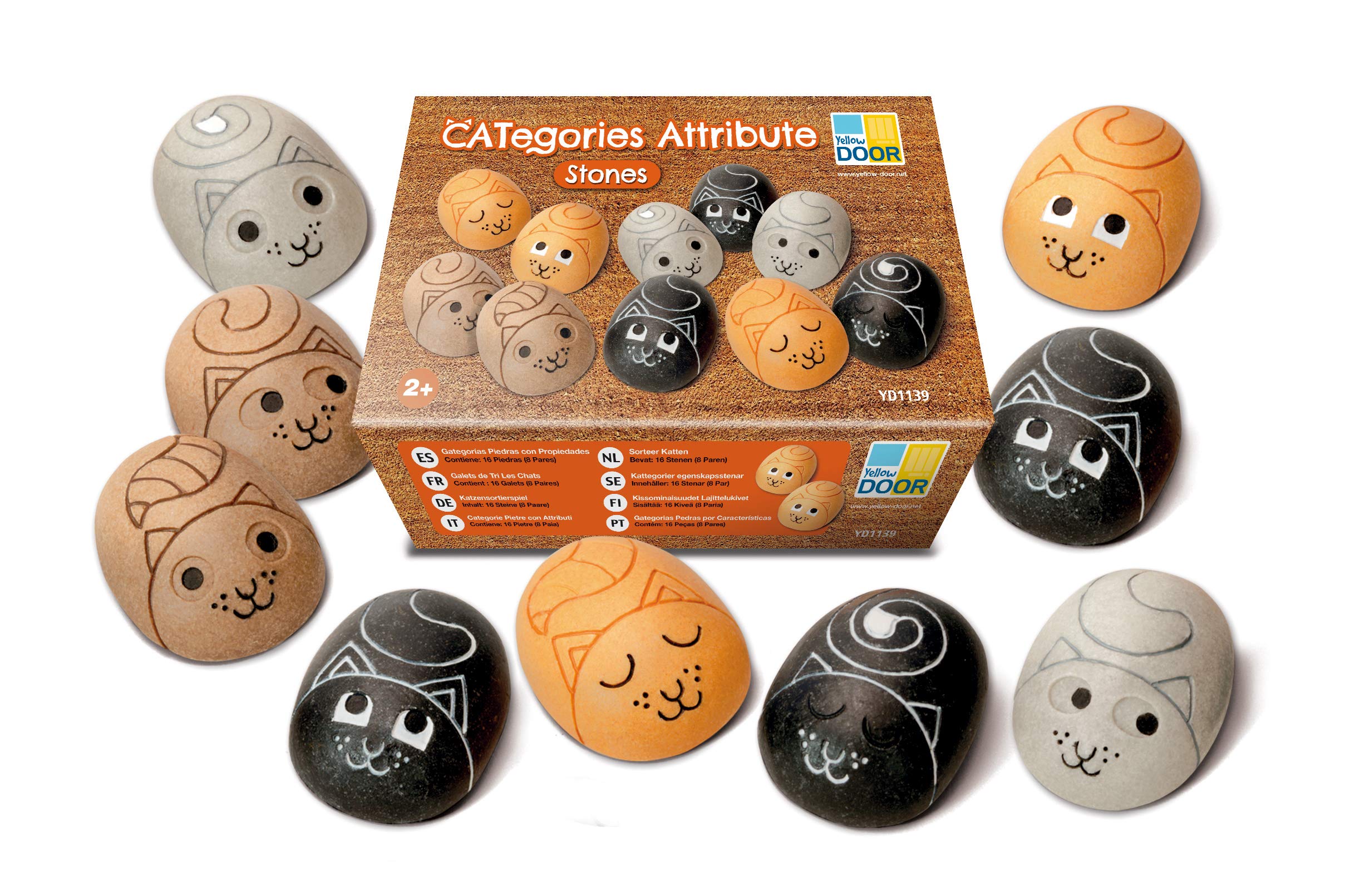 Yellow Door CATegories Attribute Stones | Set of 16 (8 pairs) Cute Cat Sorting Pebbles | Early Educational Toys for Sorting Matching and Classifying Maths for kids age 2 3 4 5 | Outdoor learning
