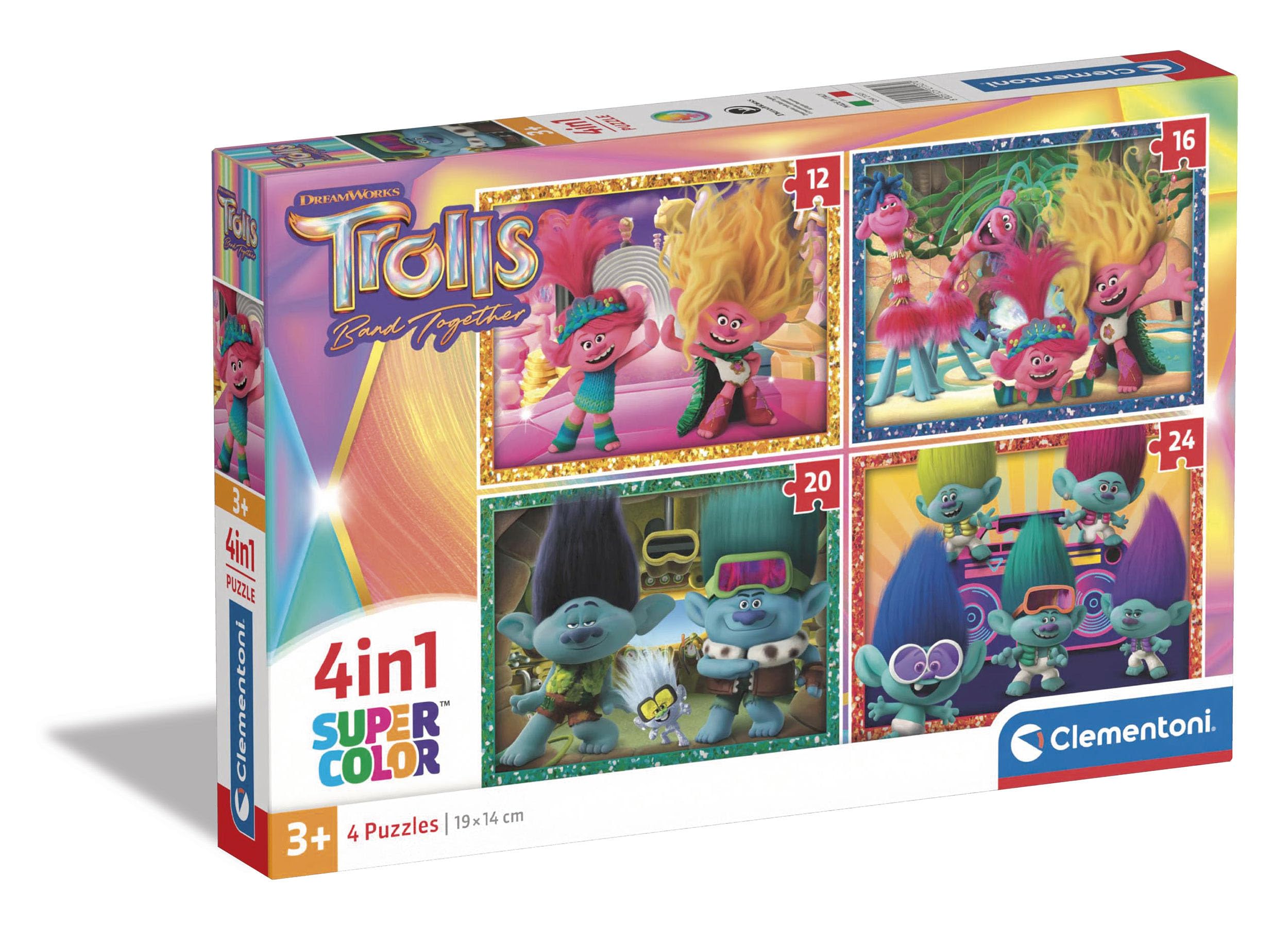 Clementoni 21527 Trolls 3 Supercolor 4 in 1 3-12+16+20+24 Pieces, Jigsaw Kids Age Cartoon, Movie Puzzle, Made in Italy
