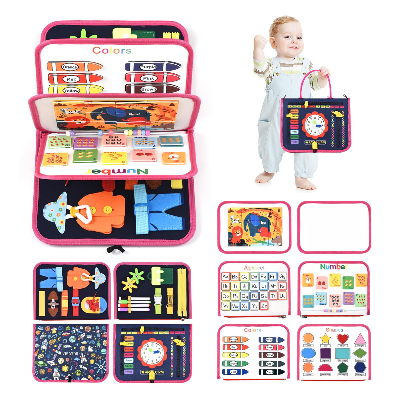 Busy Board Montessori Toys For 1 2 3 4 5 6 Year Old Girls Boys Sensory Toys For Toddlers Preschool Educational Learning Toys Activity Board For Fine Motor Skills Kids Gift Airplane Car Toy (Dark blue)