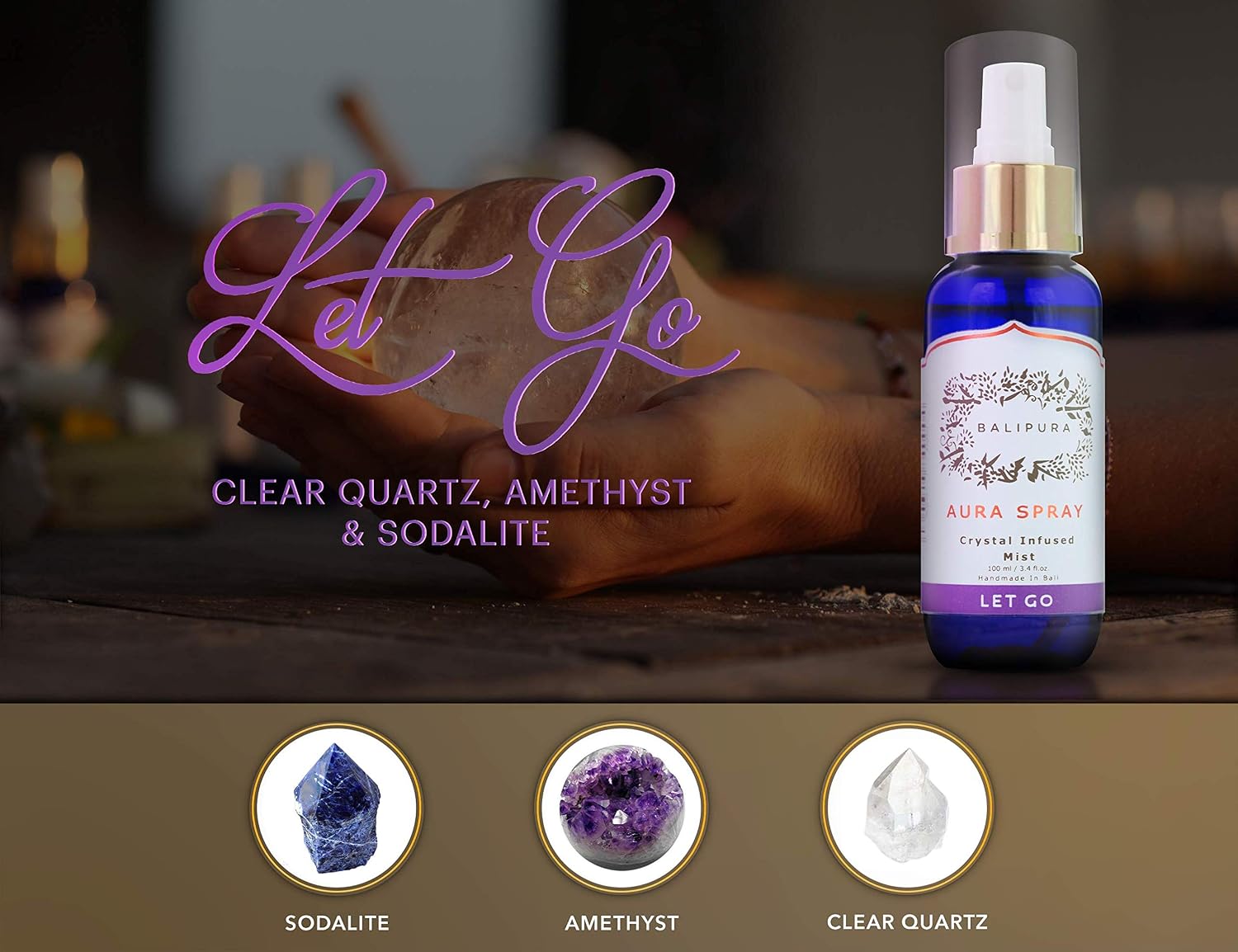 BALIPURA, Aura Chakra Spray Gift for Women, Let Go Spray Crystal Infused Mist, Amethyst, Sodalite & Clear Quartz & Palo Santo - Image 3