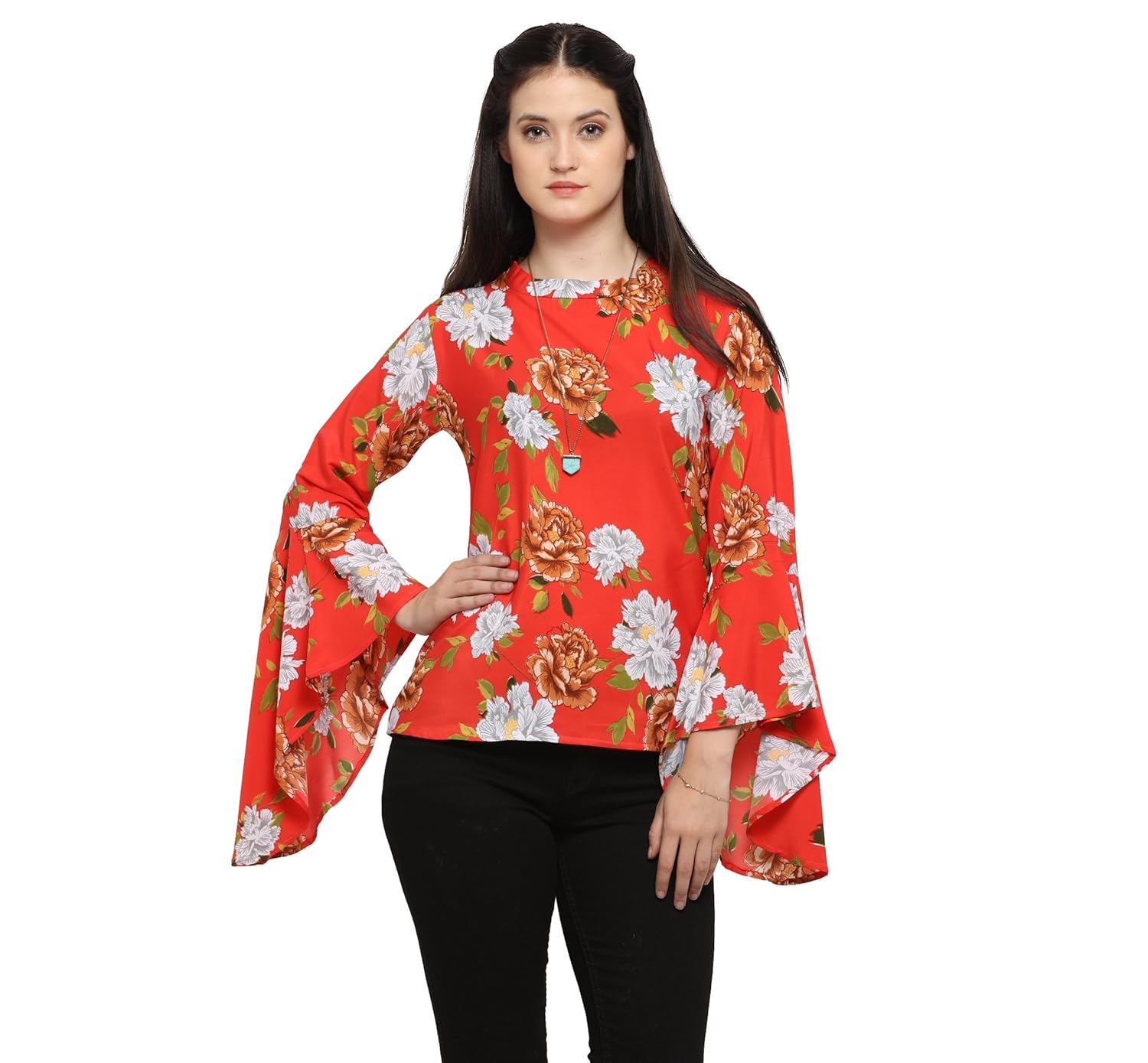 serein women's top (orange printed floral with flute sleeves)
