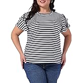 Agnes Orinda Plus Size Tops for Women Round Neck Striped Ruffle Short Sleeve Casual T-Shirt Summer Blouse