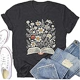 Potia Book Shirts for Women Book Lover Reading T-Shirt Casual Floral Teachers Life Tee Tops