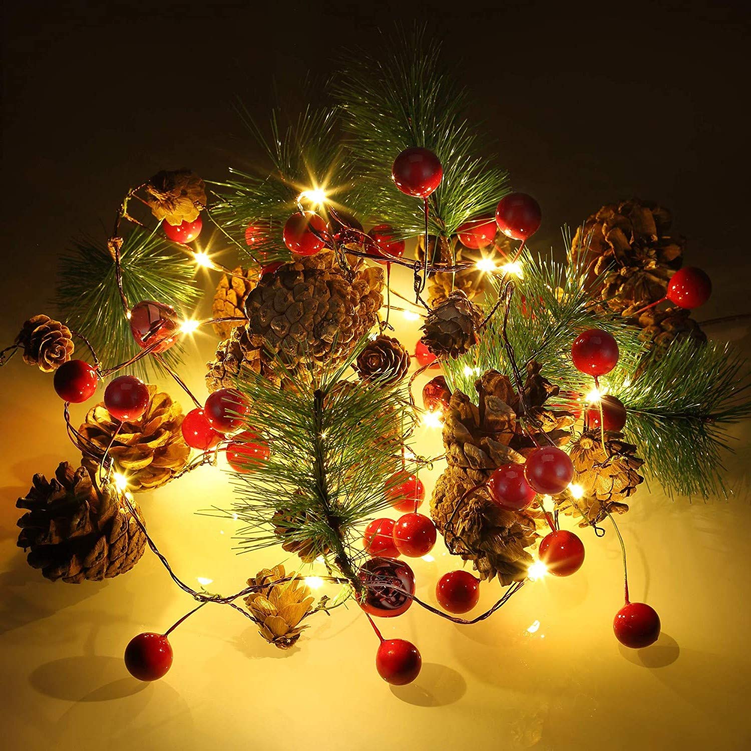 LED Pine Cones Christmas Garland Lights, Pinecone Red Berry Bells String Lights, 6.6 FTs 20 LED Battery Powered Fairy Light for Indoor Gate Home Thanksgiving Xmas Winter Holiday Decor (Pine nuts)