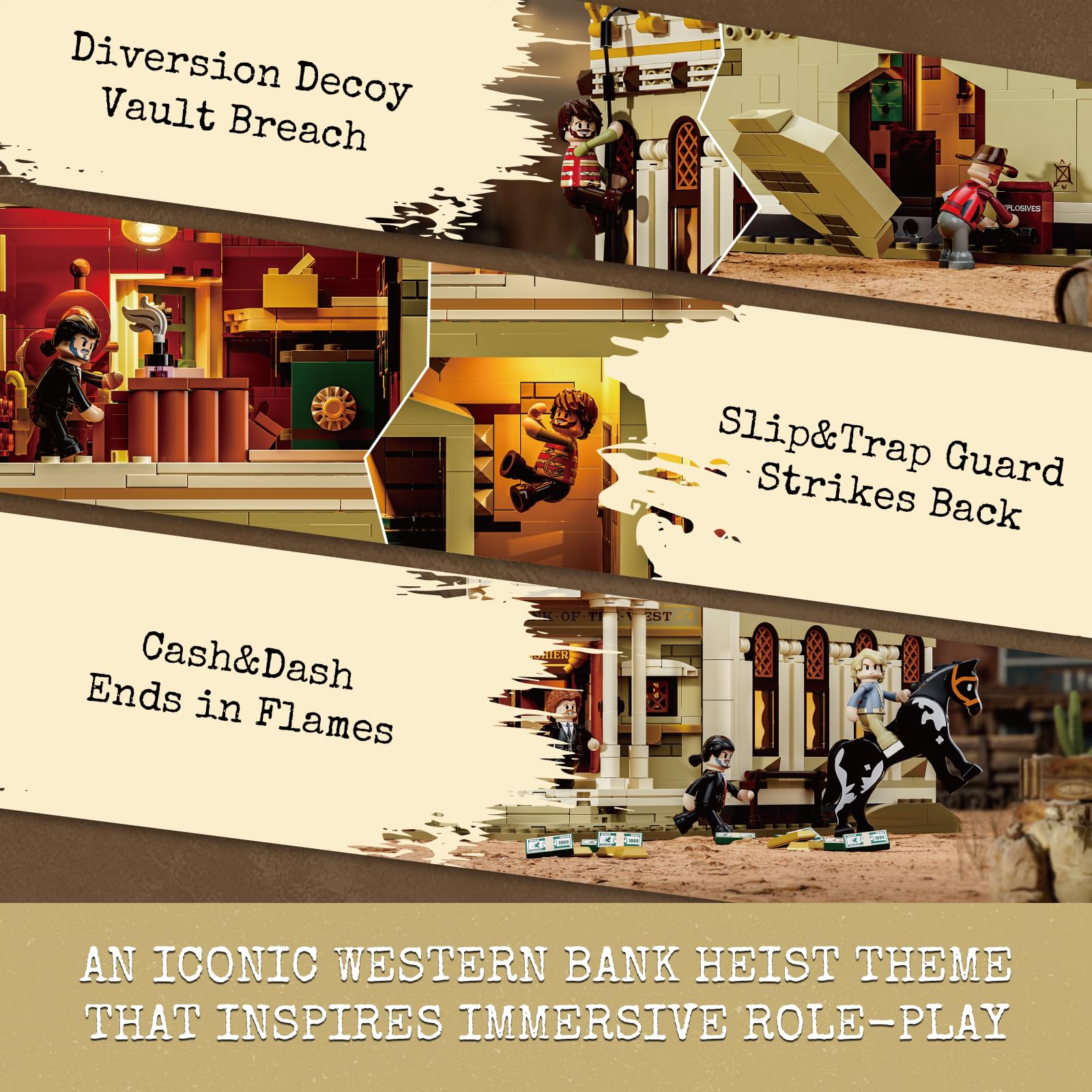 Lumibricks Western Bank Heist Bausatz – 2875 PCS Wildwest-Stadt Flagship-Modell mit 11 LED-Lichtern, 6 Minifiguren, Hochdetaillierte Architektur, Sammlerstück & Geschenk für Erwachsene & Kinder 4