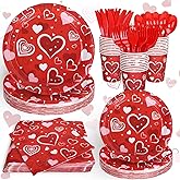 FYSUIMU 168Pcs Valentine Paper Tableware Set Red Love Heart Disposable Plates Napkins Cups and Cutlery for 24 Guest Wedding Anniversary Dinnerware Party Supplies