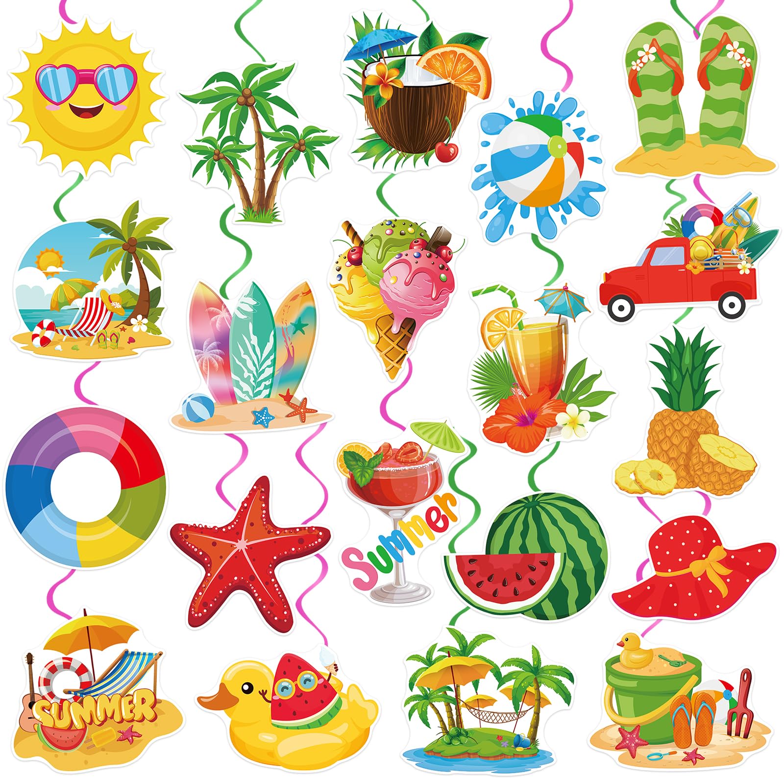 Photo 1 of 40Pcs Summer Pool Beach Hanging Swirls, Colorful Pool Party Hanging Swirl Decorations Summer Ceiling Hanging Decors for Hawaii Beach Birthday Party Decor Supplies