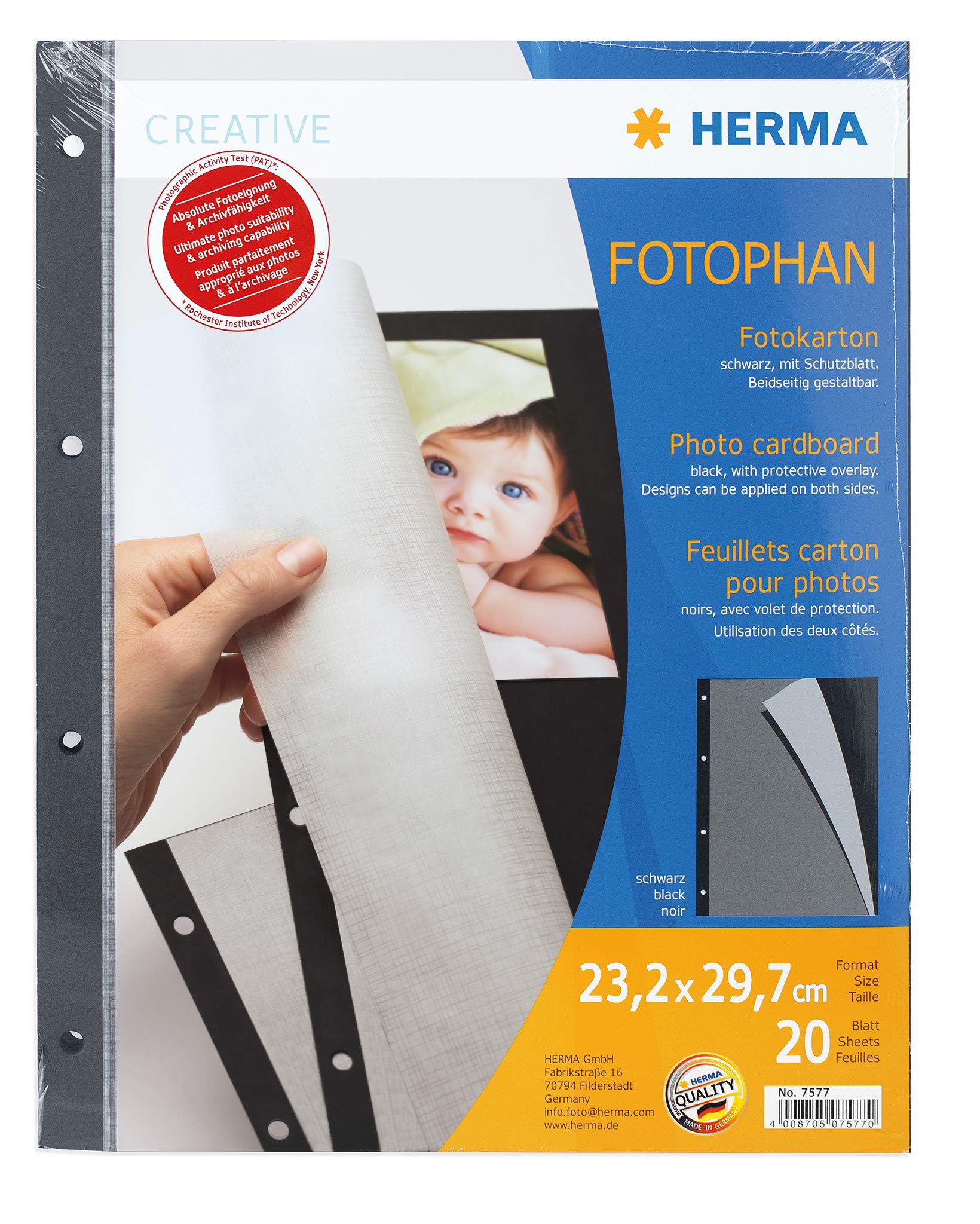 Herma 7569 Fotophan Photo Cardboard White (230 x 297 mm) 250 Sheets 20 Sheets 23,2 x 29,7 cm Black