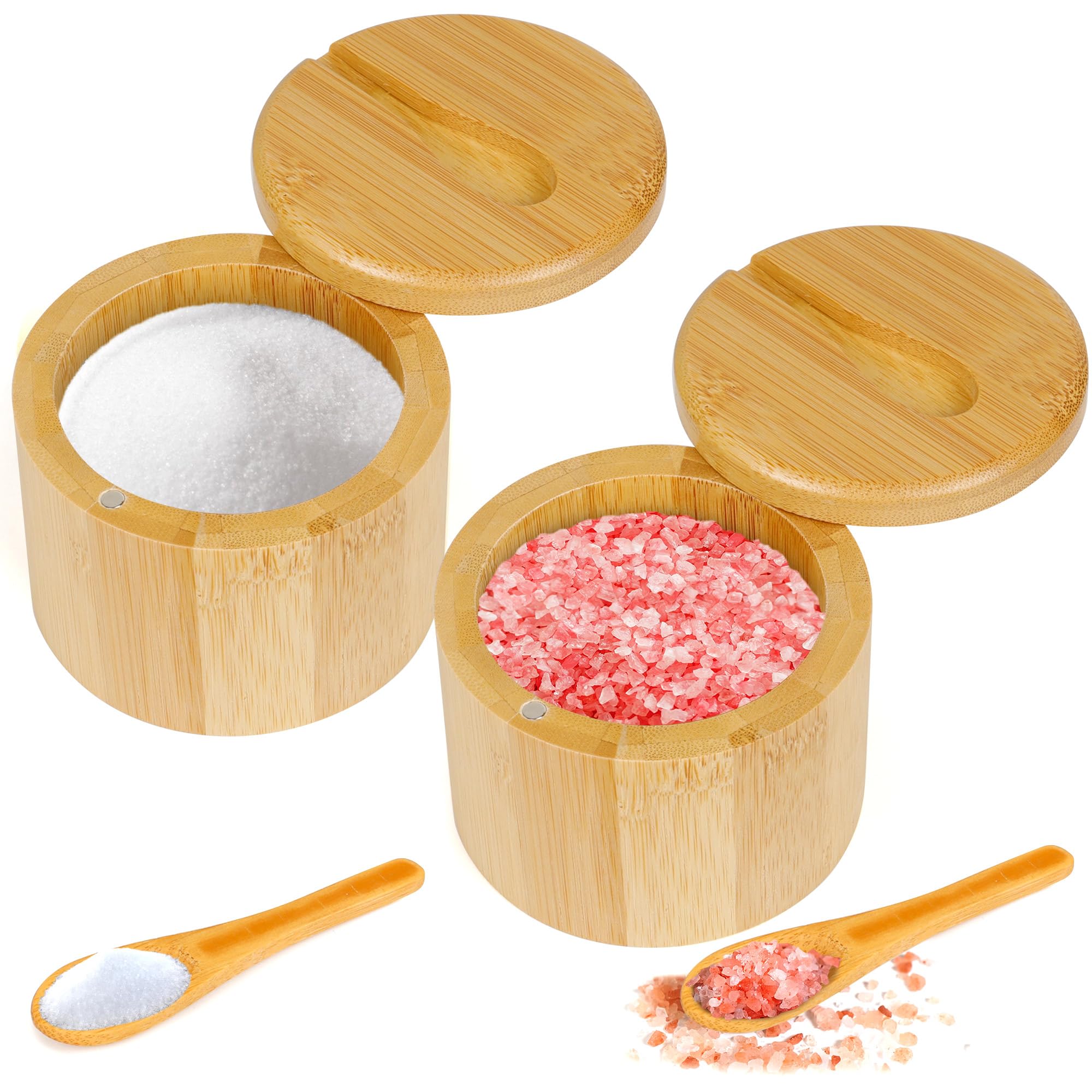 Photo 1 of Loscarol 2Pcs Bamboo Salt Cellar Spice Box with Magnetic Swivel Lid & Spoon, Bamboo Storage Box Salt Container to Storage Pepper, Table Salt, Gourmet Salts, Spice, Sugar, 6 oz