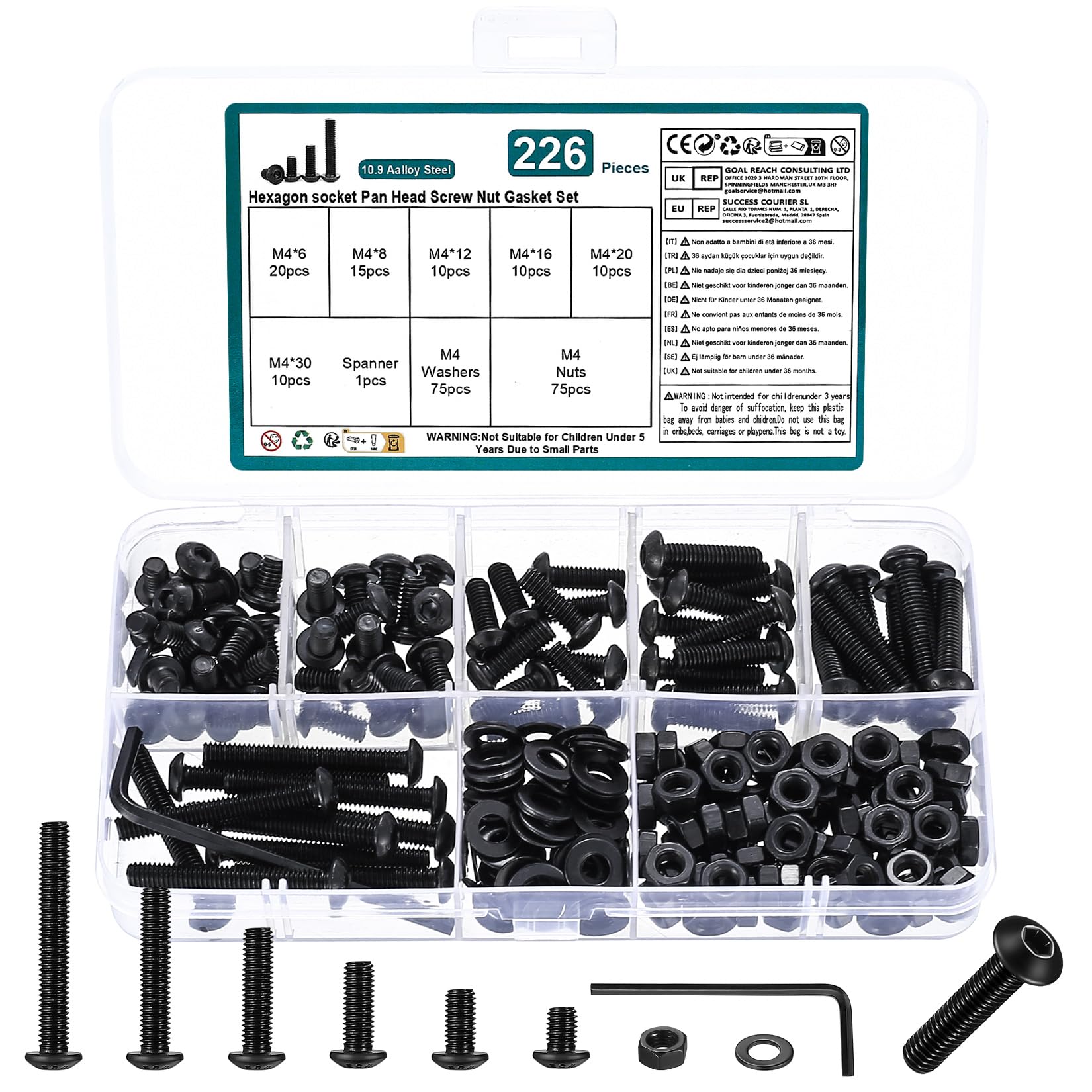 226 Pcs M4 Bolts and Nuts Set, Black Round Head Hex Socket Screws, Wrench Included