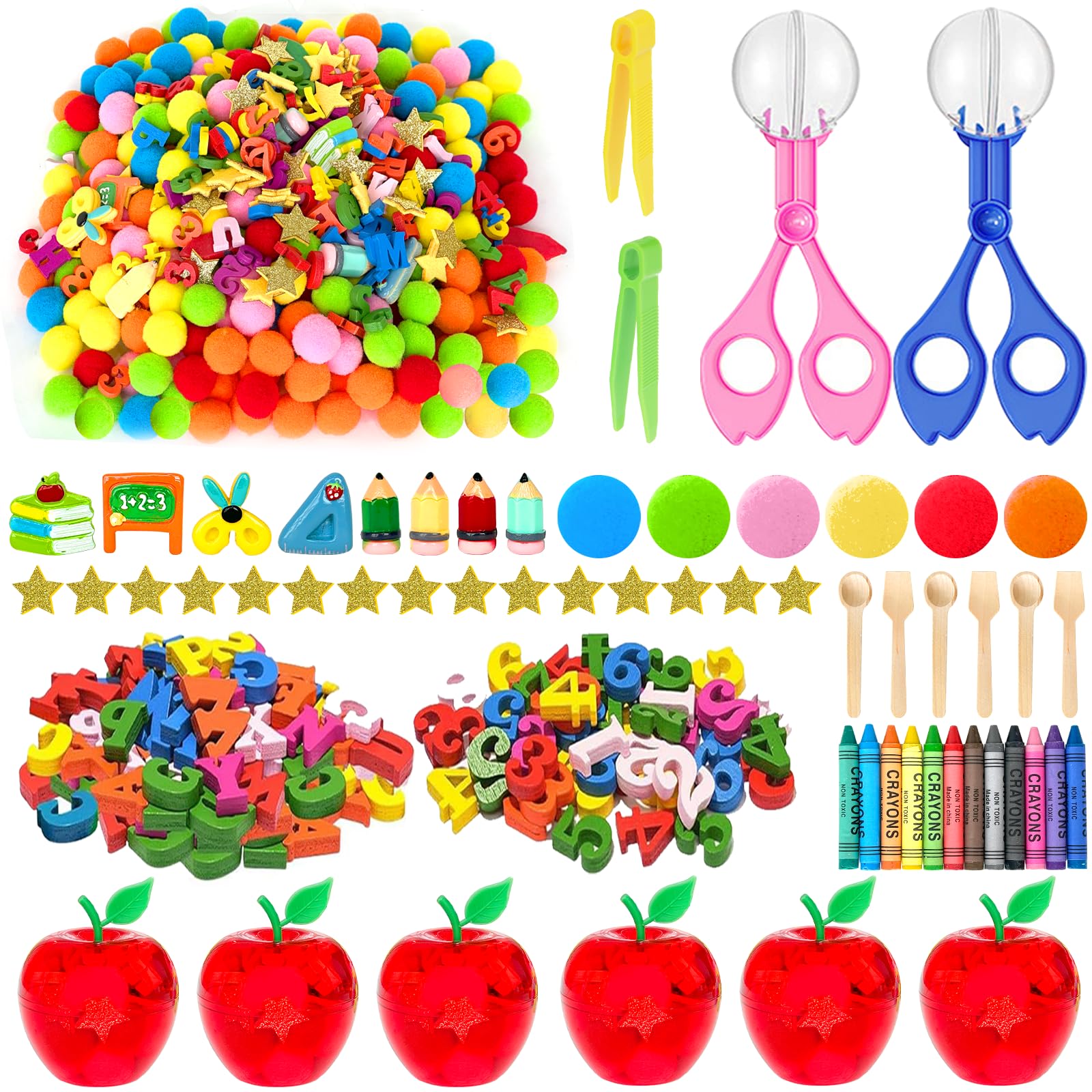 Photo 1 of Augacage 478 Pcs Back to School Sensory Bin Filler Letters and Numbers Sensory Bin Filler Fine Motor Apple Pompoms Tweezers Crayon for Sorting Counting Training Education Classroom Activities