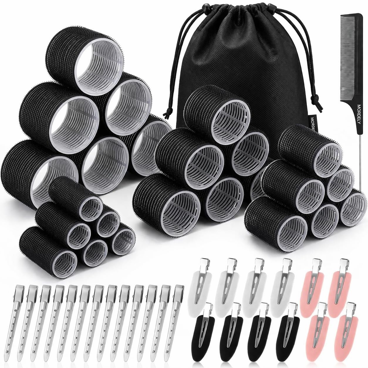 50PCS Hair Rollers Set with Clips, Heatless Self Grip Curlers in 4 Sizes with 24 Styling Clips, Comb and Storage Bag, Volumising Hair Rollers for Short Medium Long Hair, Black